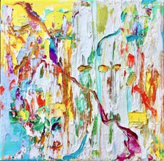 "Small Abstract #117, Abstract Expressionist White, Orange, Yellow, Blue Work"