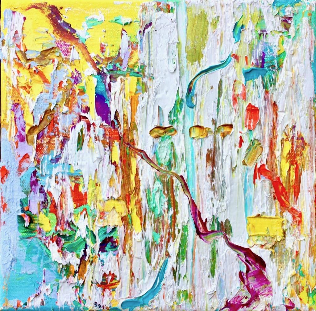 Linda Holt Abstract Painting - "Small Abstract #117" Abstract Expressionist Yellow, White, Orange, Blue, Purple