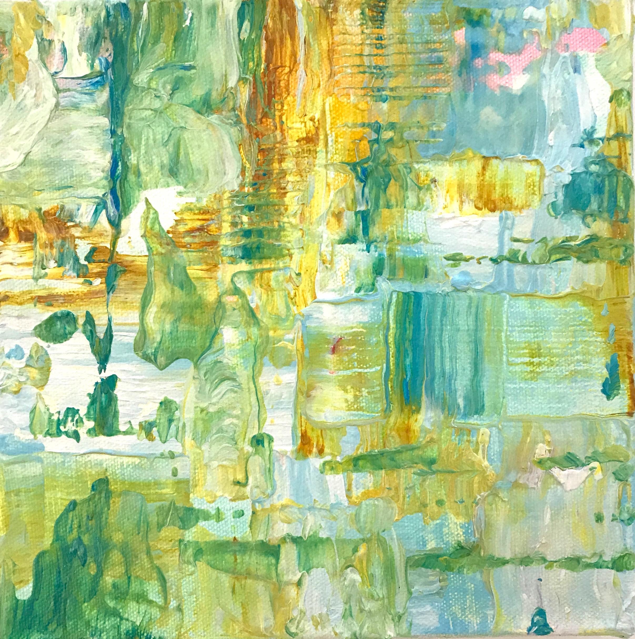 Linda Holt Abstract Painting – "Small Abstract #118, Abstract Expressionist Oil in Greens, Yellow and White"