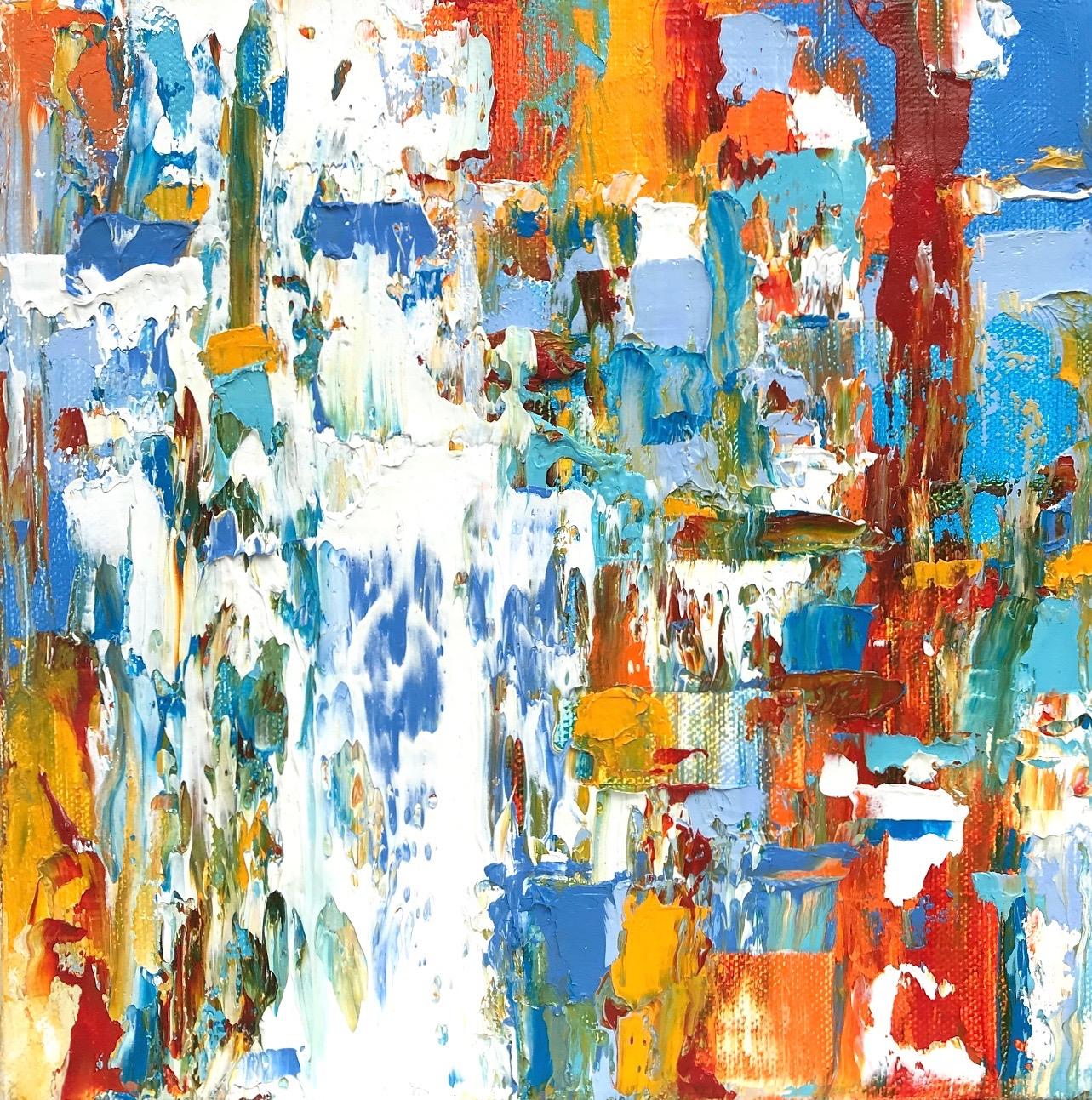 Linda Holt Abstract Painting - "Small Abstract #124"  Vivid Abstract Expressionist Oil White, Blue, Orange, Red
