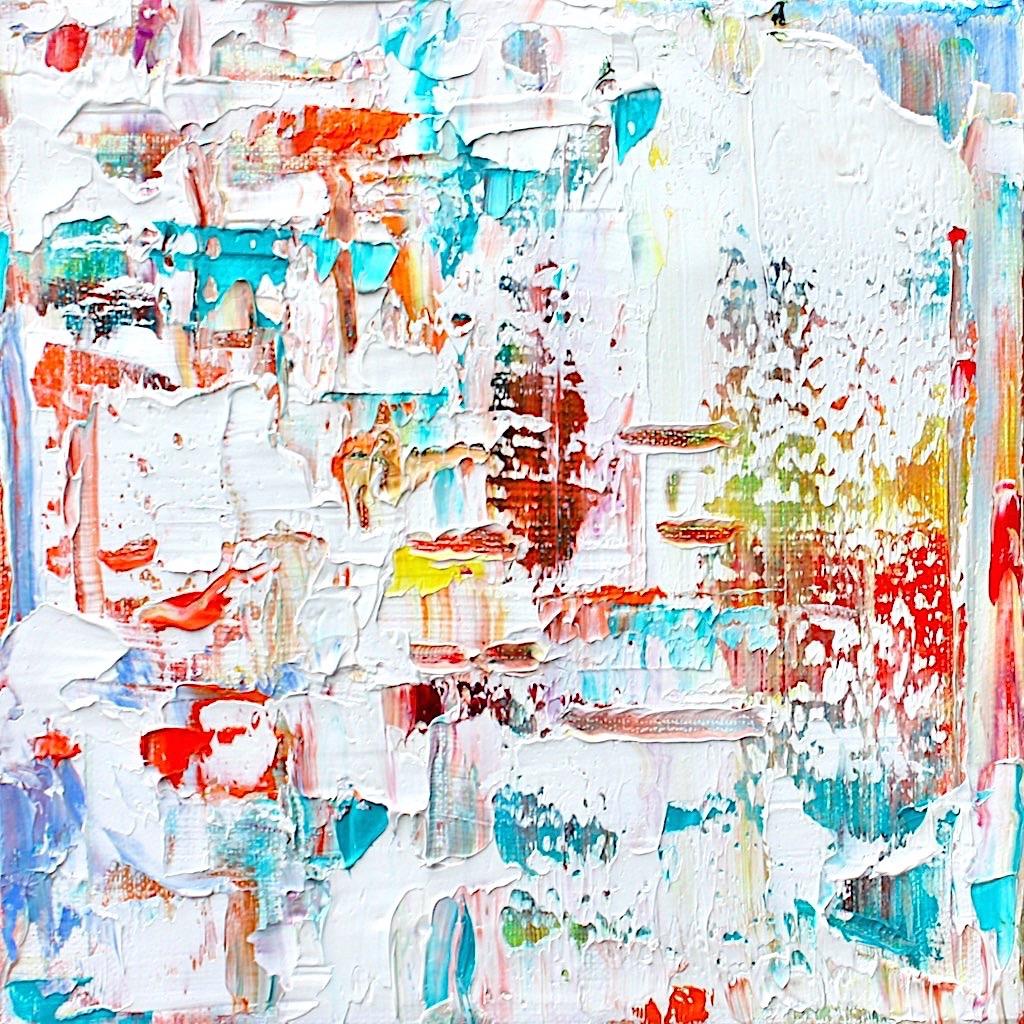 Linda Holt Abstract Painting - "Small Abstract #136"   Vivid Oil White, Red, Burgundy, Blue, Turquoise, Yellow