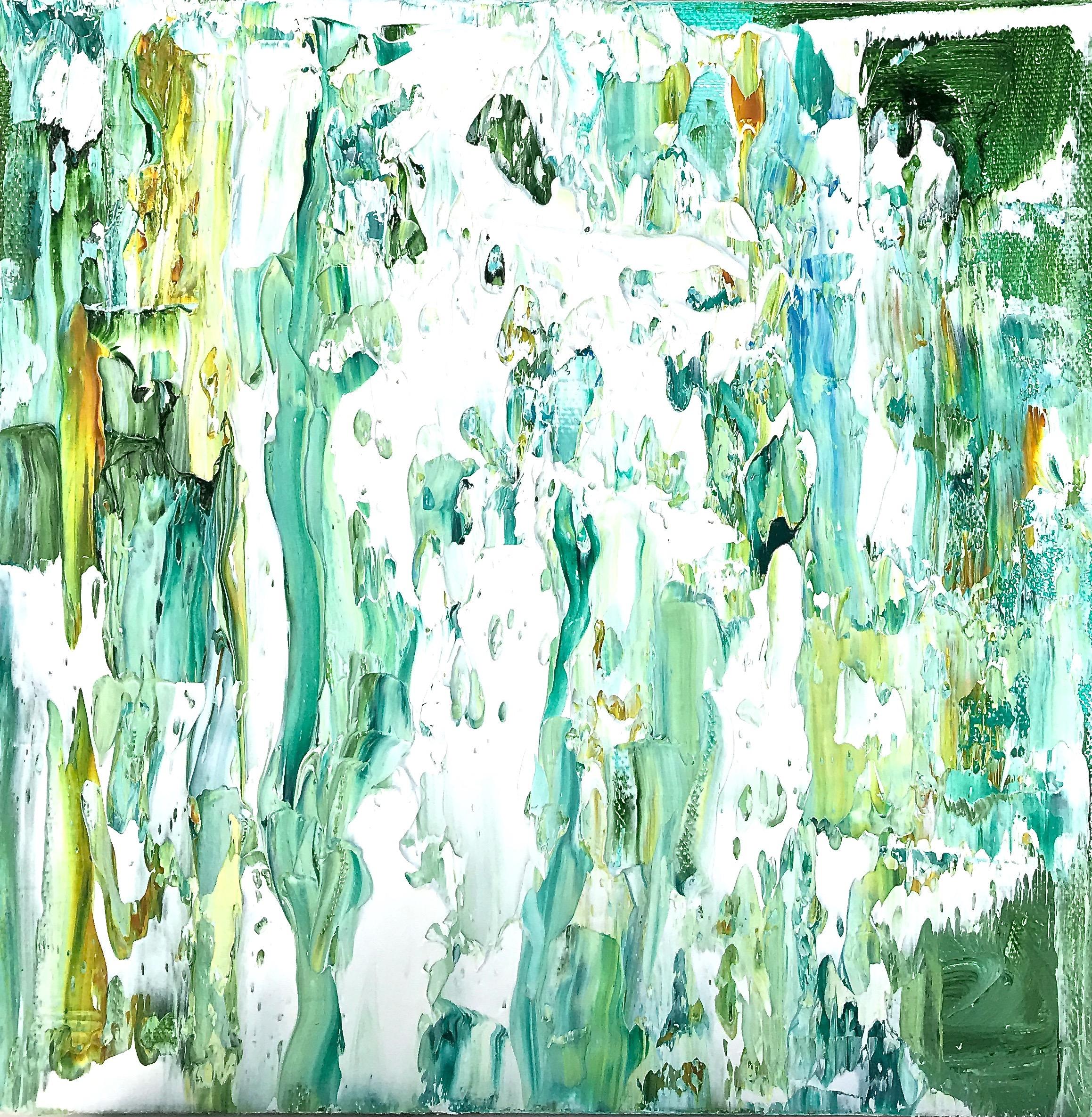 Linda Holt Abstract Painting - "Small Abstract #138"     Expressionist Oil in White, Blue, Green, Yellow Ochre
