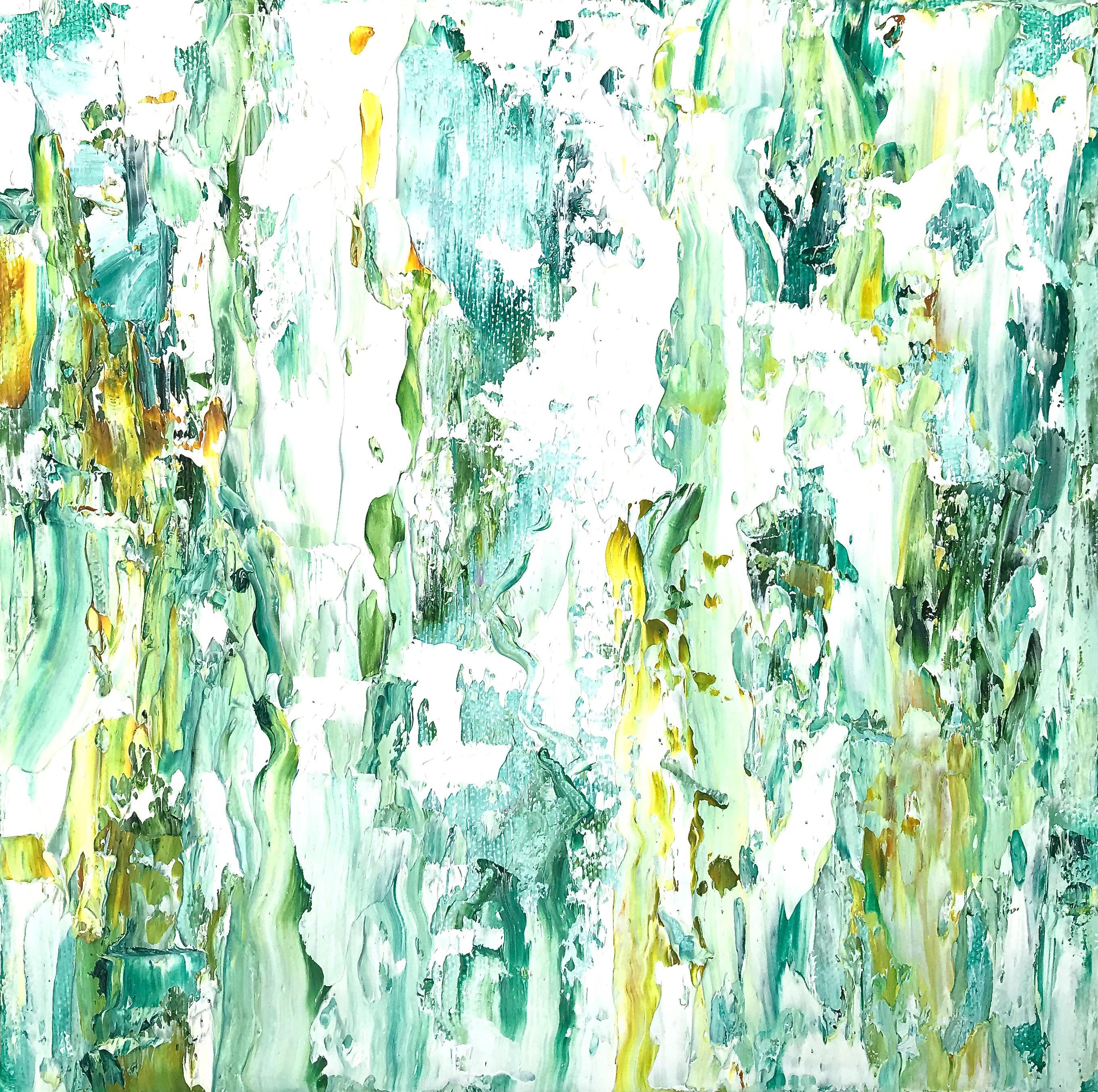 Linda Holt Abstract Painting - "Small Abstract #139"    Expressionist Oil in White, Blue, Turquoise and Green