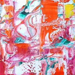 "Small Abstract #146" Expressionist bright red, orange, turquoise, white, yellow