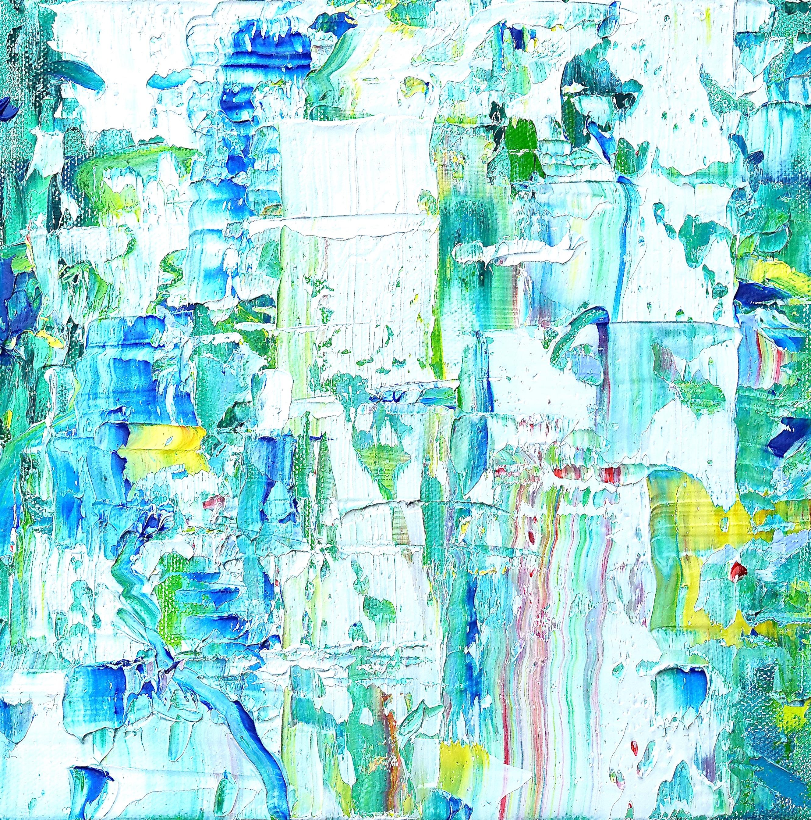 Linda Holt Abstract Painting - "Small Abstract #147"  Expressionist colorful greens, white, turquoise, yellow