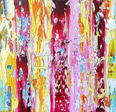 "Piccolo astratto #150"  Espressionista,  bordeaux, rosa, giallo, bianco, turchese