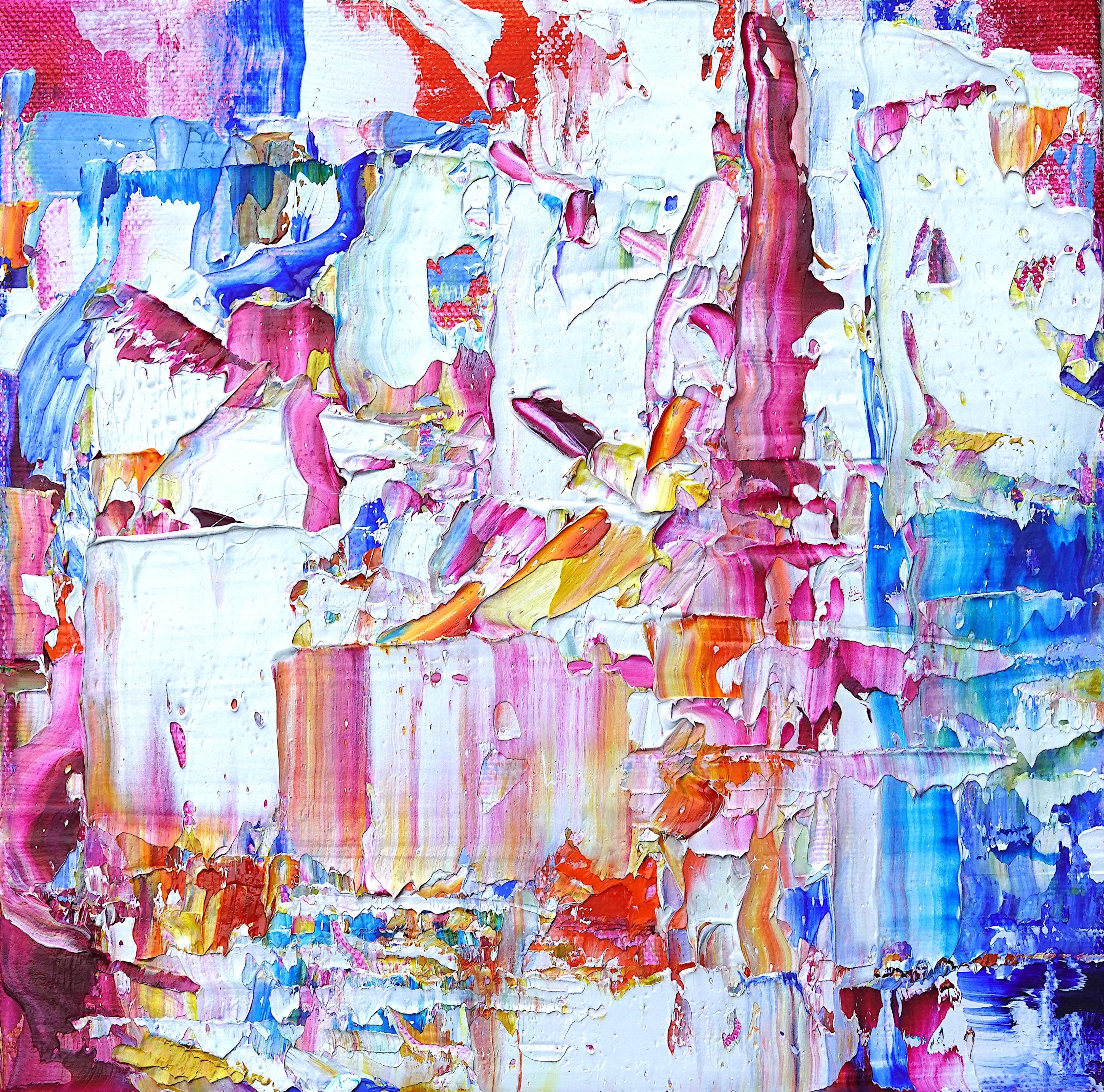Linda Holt Abstract Painting - "Small Abstract #155"  Expressionist fluid, bright blues, white, pink, orange