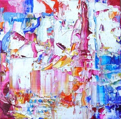 "Small Abstract #155"  Expressionist fluid, bright blues, white, pink, orange