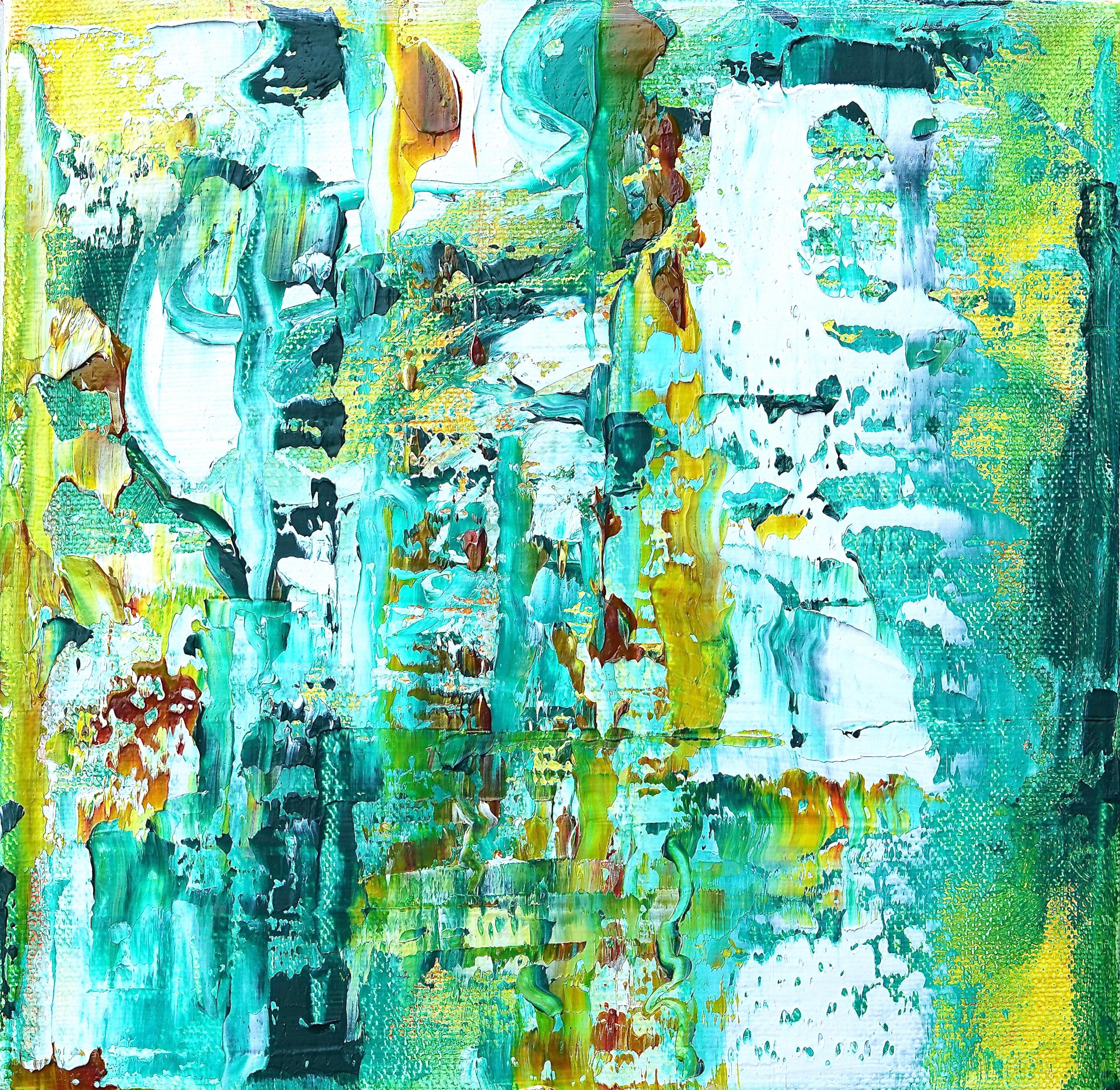 Linda Holt Abstract Painting - "Small Abstract #157"   Expressionist greens, turquoise, yellow ochre, white