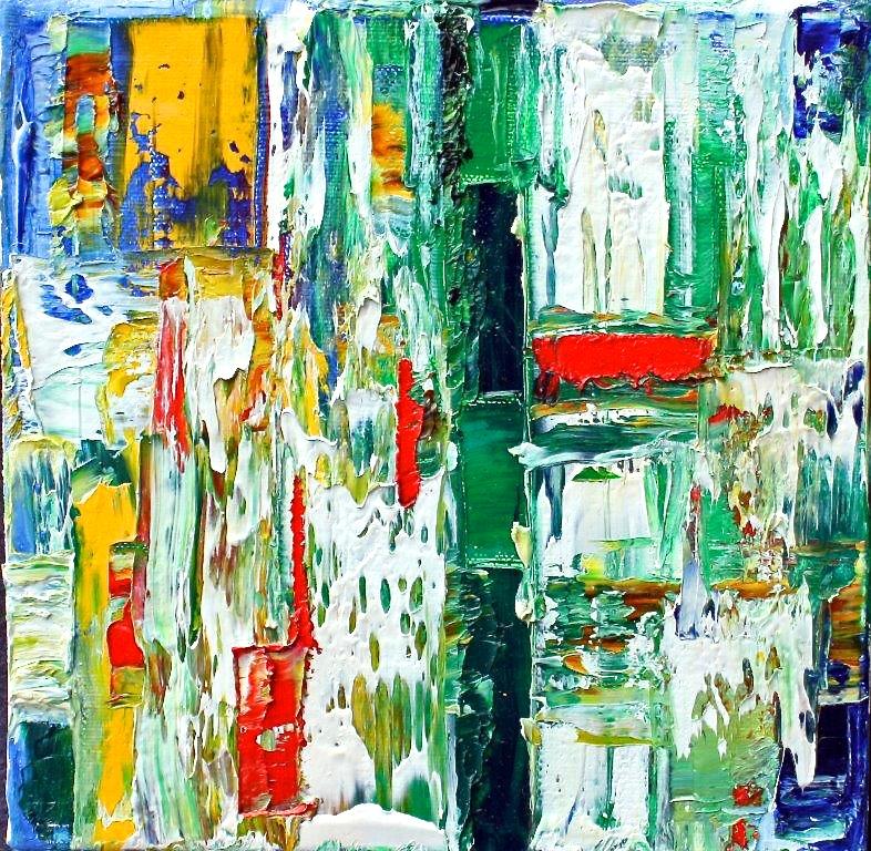 Linda Holt Abstract Painting - "Small Abstract  # 42"  Expressionist Oil White, Green, Red, Orange, Blue, Black
