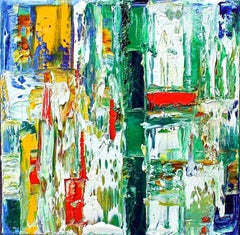 "Small Abstract  # 42"  Expressionist Oil White, Green, Red, Orange, Blue, Black