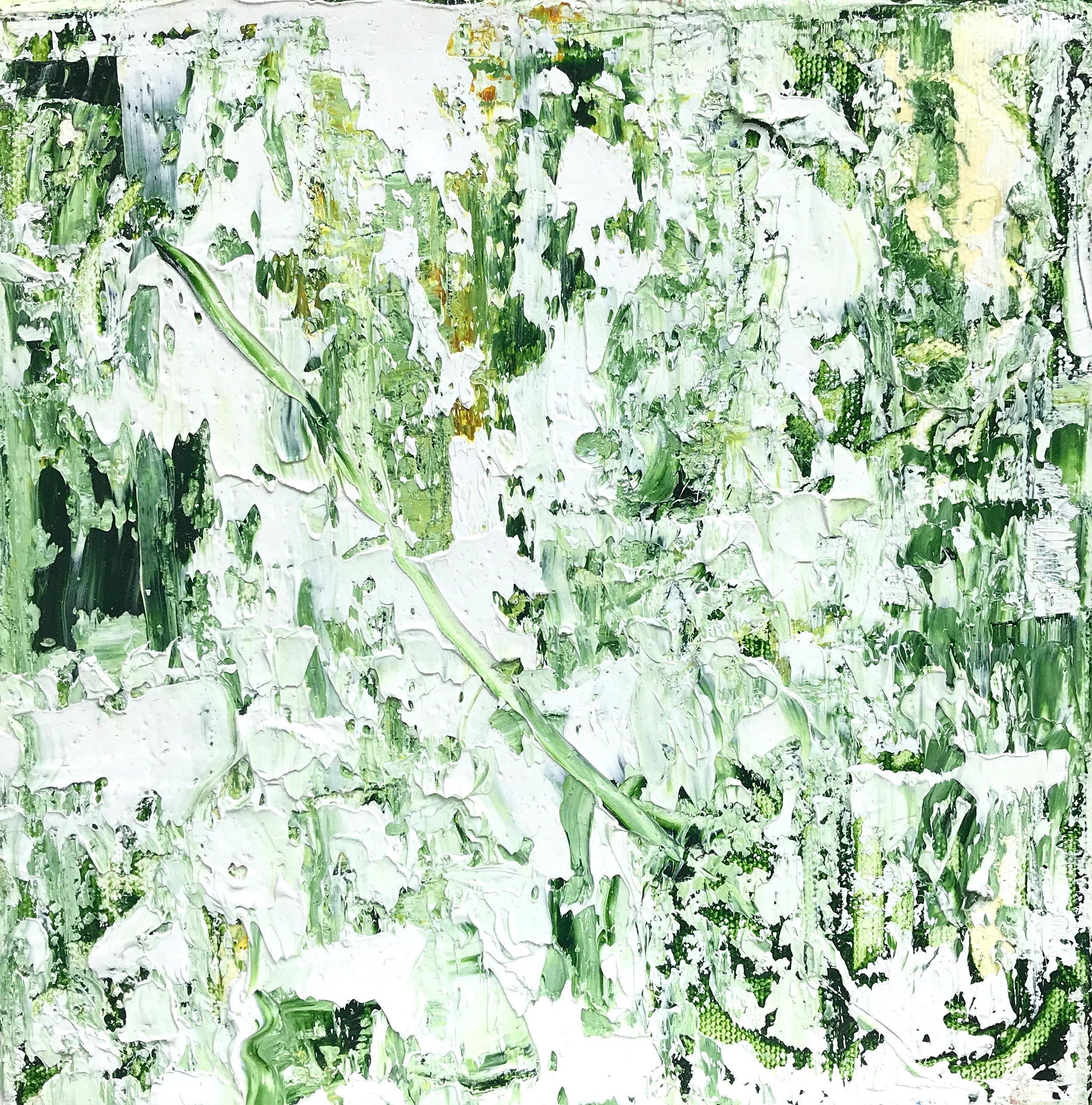 Linda Holt Abstract Painting - "Small Abstract #48"    Abstract Expressionist Oil in Shades of Green and White