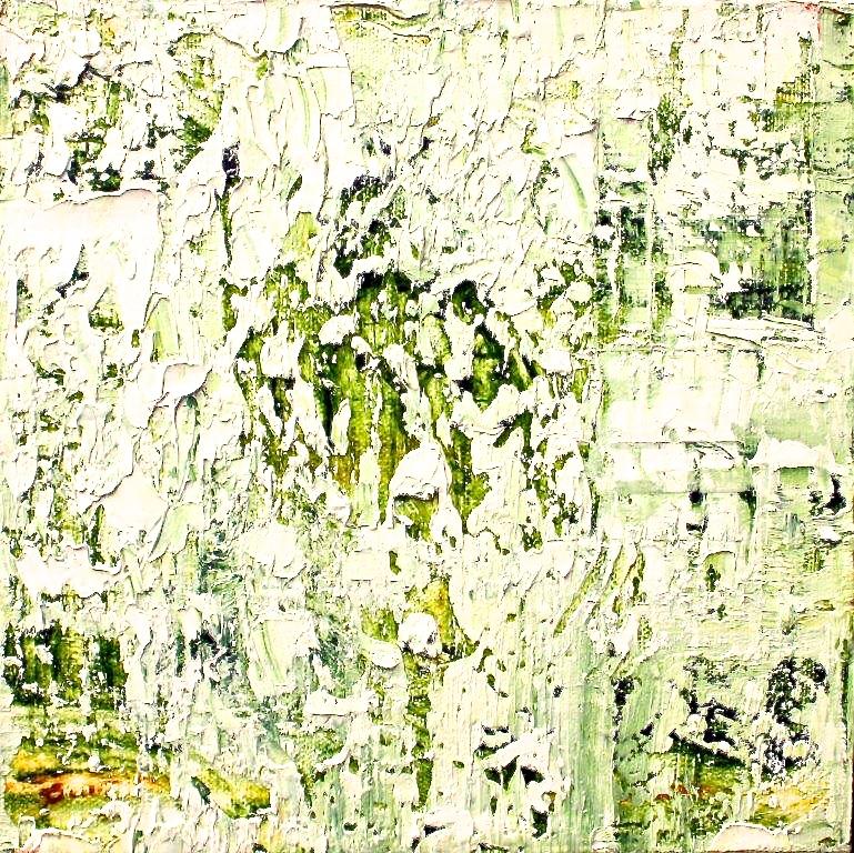 Linda Holt Abstract Painting - "Small Abstract  # 49"  Abstract Expressionist Oil in Shades of Green and White