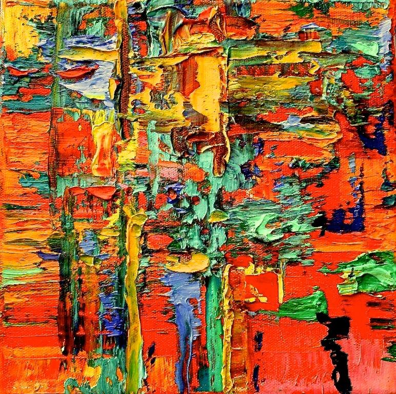 Linda Holt Abstract Painting – "" Kleines abstraktes #63""  Ölgemälde des Expressionismus in Orange, Rot, Gelb und Blau