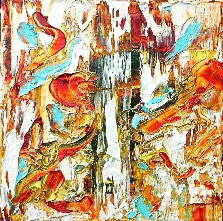 Linda Holt Abstract Painting – "" Kleiner abstrakter #87""  Abstrakt-expressionistisches Ölgemälde in Weiß, Rot, Hellbraun, Orange, Schwarz