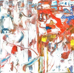 Linda Holt - "Small Abstract #98" Abstract Expressionist Oil in White, Orange, Yellow, Blue "Small Abstract #98" Abstract Expressionist Oil in White, Orange, Yellow, Blue