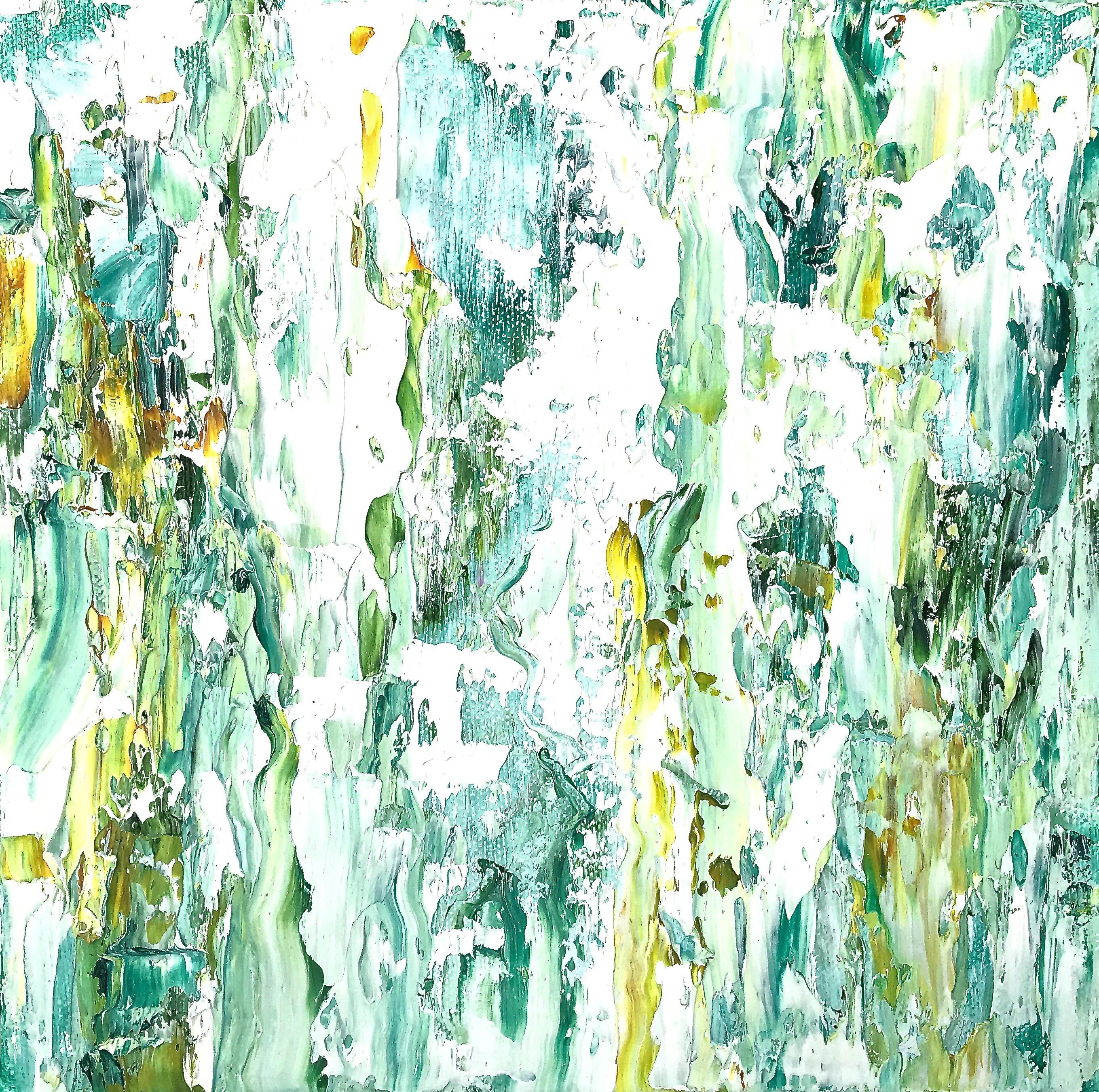 Linda Holt Abstract Painting - "Small Abstraction #141"   White,  turquoise, green and yellow