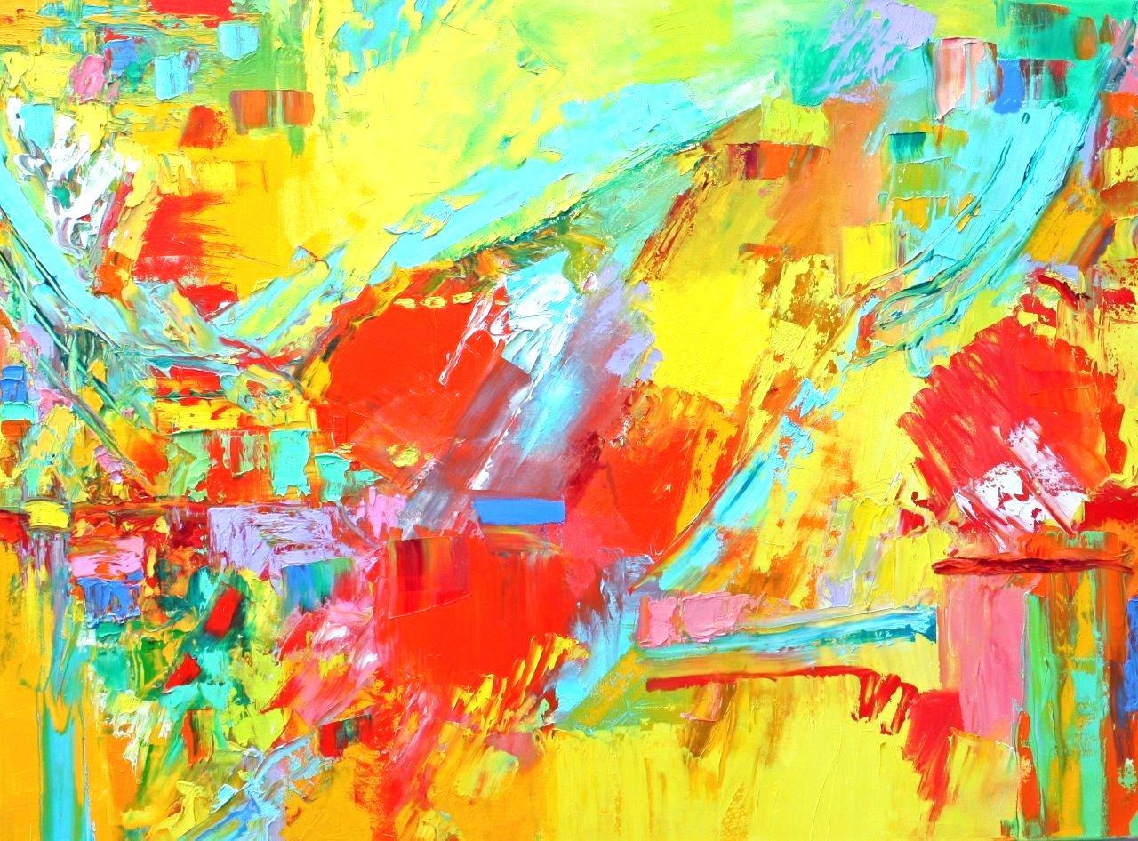 Abstract Painting di Linda Holt - "Grande astrazione orizzontale con arancione, giallo, turchese, verde e rosso".
