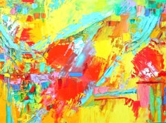 "Grande astrazione orizzontale con arancione, giallo, turchese, verde e rosso".
