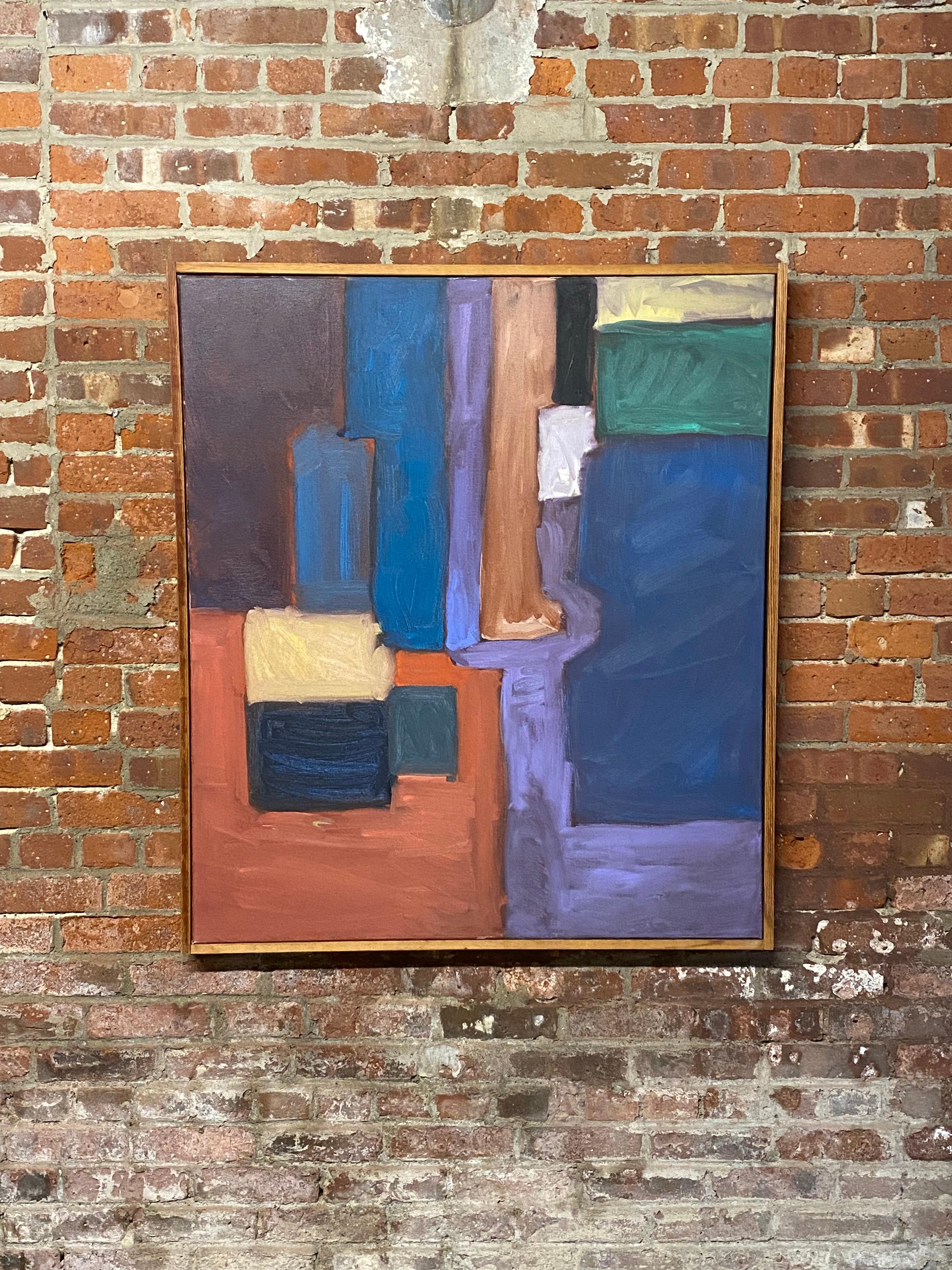 Modernist abstract oil on canvas painting by Linda Hopkins. Purchased straight from the estate of Leonard Buzz Wallace. Hopkins and Wallace, when married, shared a studio in Sullivan County, NY in the 1960-70s. Colorful and vibrantly rich surface