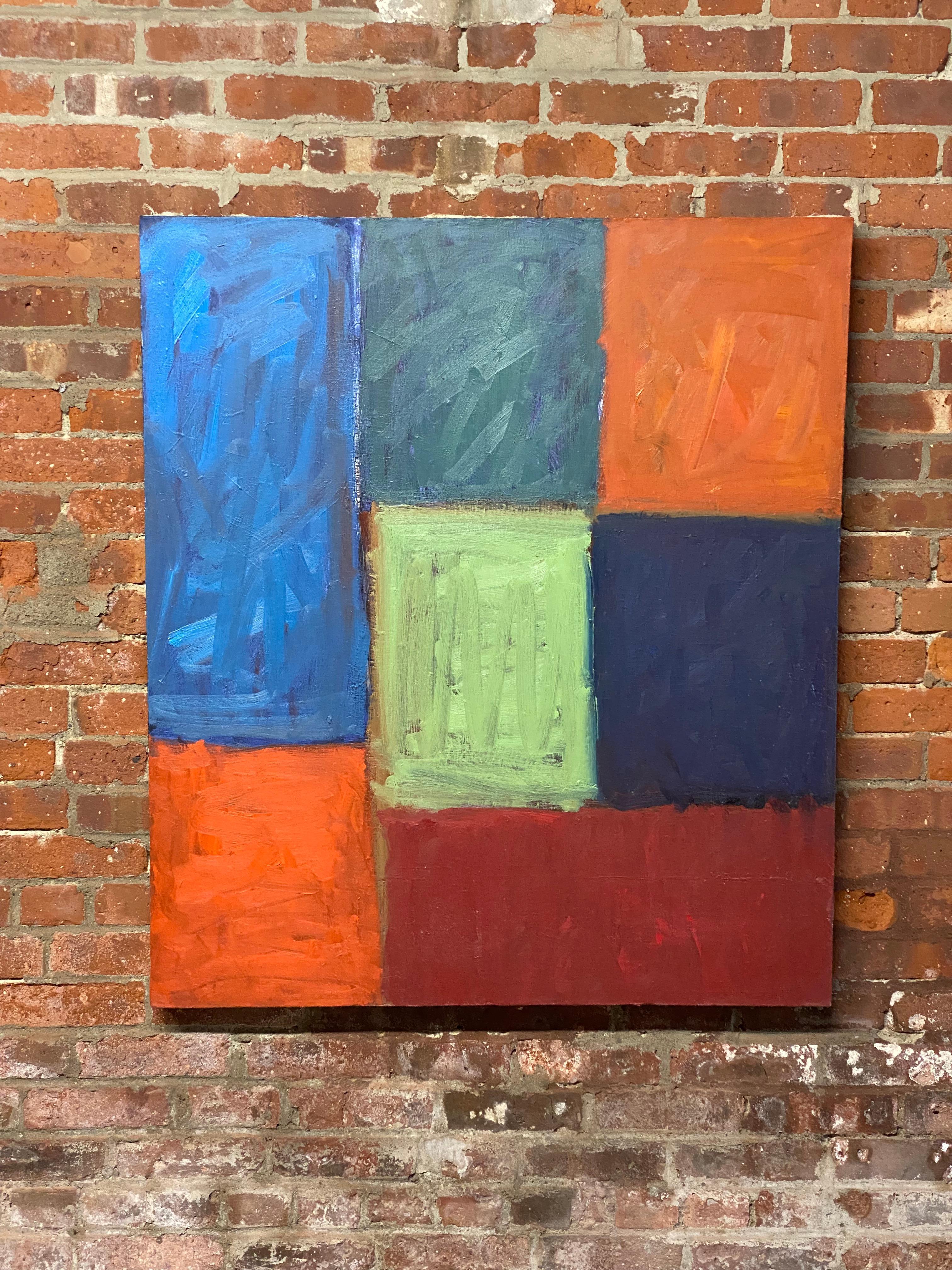 Large color field modernist abstract oil on canvas painting by Linda Hopkins. Purchased straight from the estate of Leonard Buzz Wallace. Hopkins and Wallace, when married, shared a studio in Sullivan County, NY in the 1960-70s. Colorful and