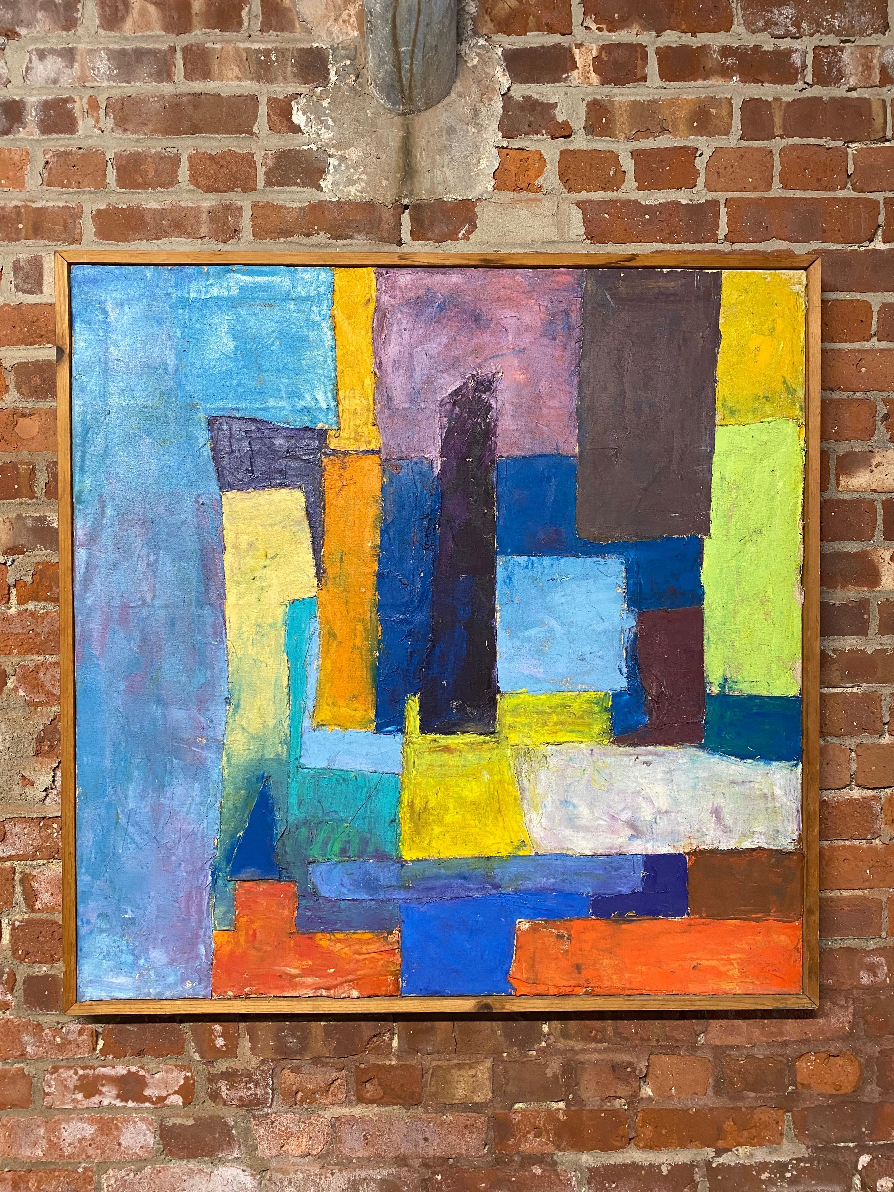 Modernist abstract oil on canvas painting and collage by Linda Hopkins. Purchased straight from the estate of Leonard Buzz Wallace. Hopkins and Wallace, when married, shared a studio in Sullivan County, NY in the 1960-70s. Colorful and vibrantly