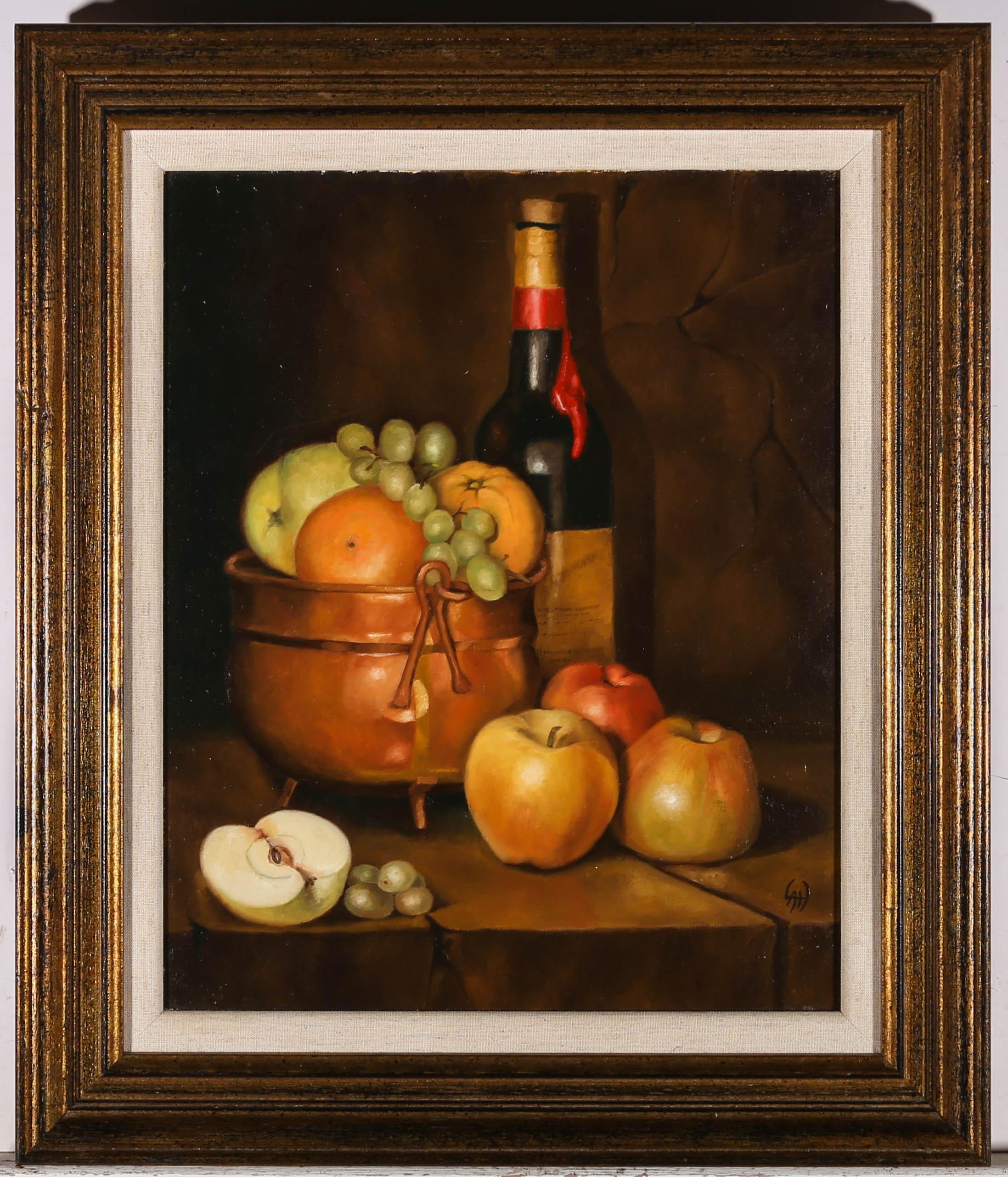 A still life depicting a copper pot full of fruit beside a bottle of wine and apples and grapes on the table. Presented in a distressed gilt-effect wooden frame with a linen slip. Monogrammed to the lower-right corner. Signed and dated on the verso.