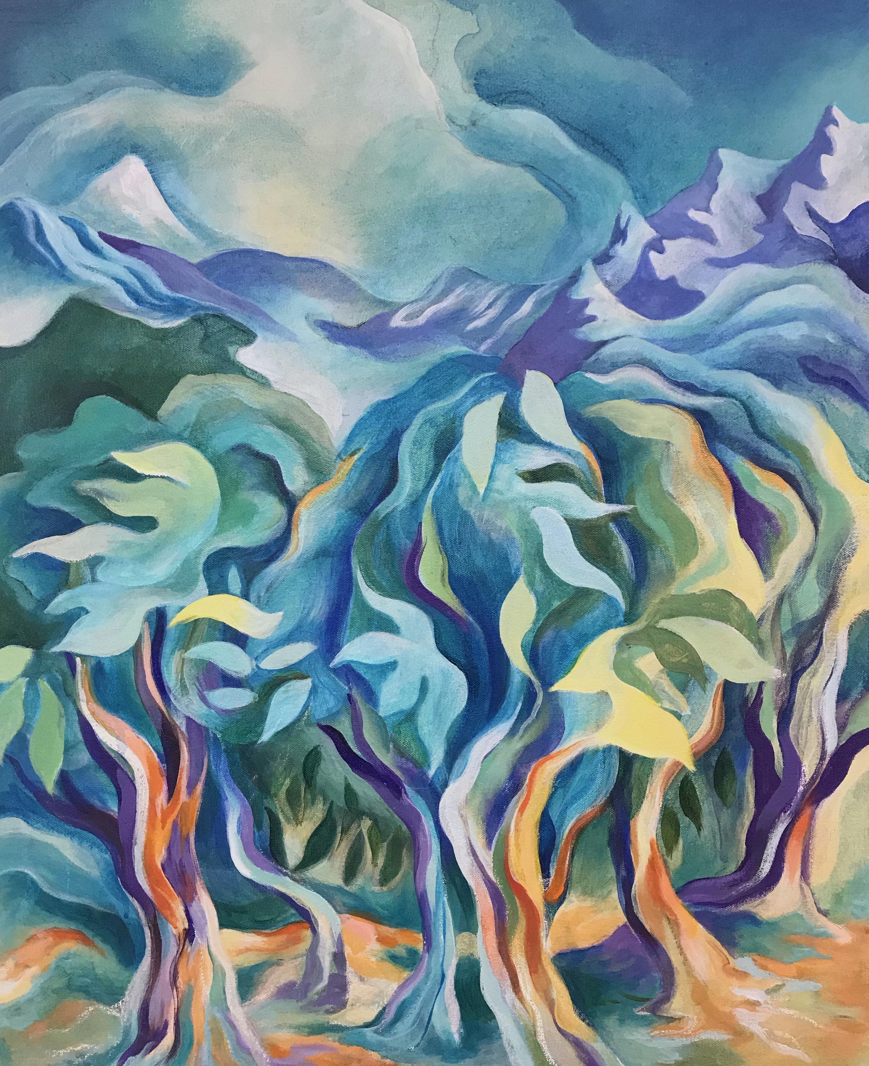 Abstract Painting Linda Jacobson - Treises de rêve arbres abstraits lyriques nature colorée