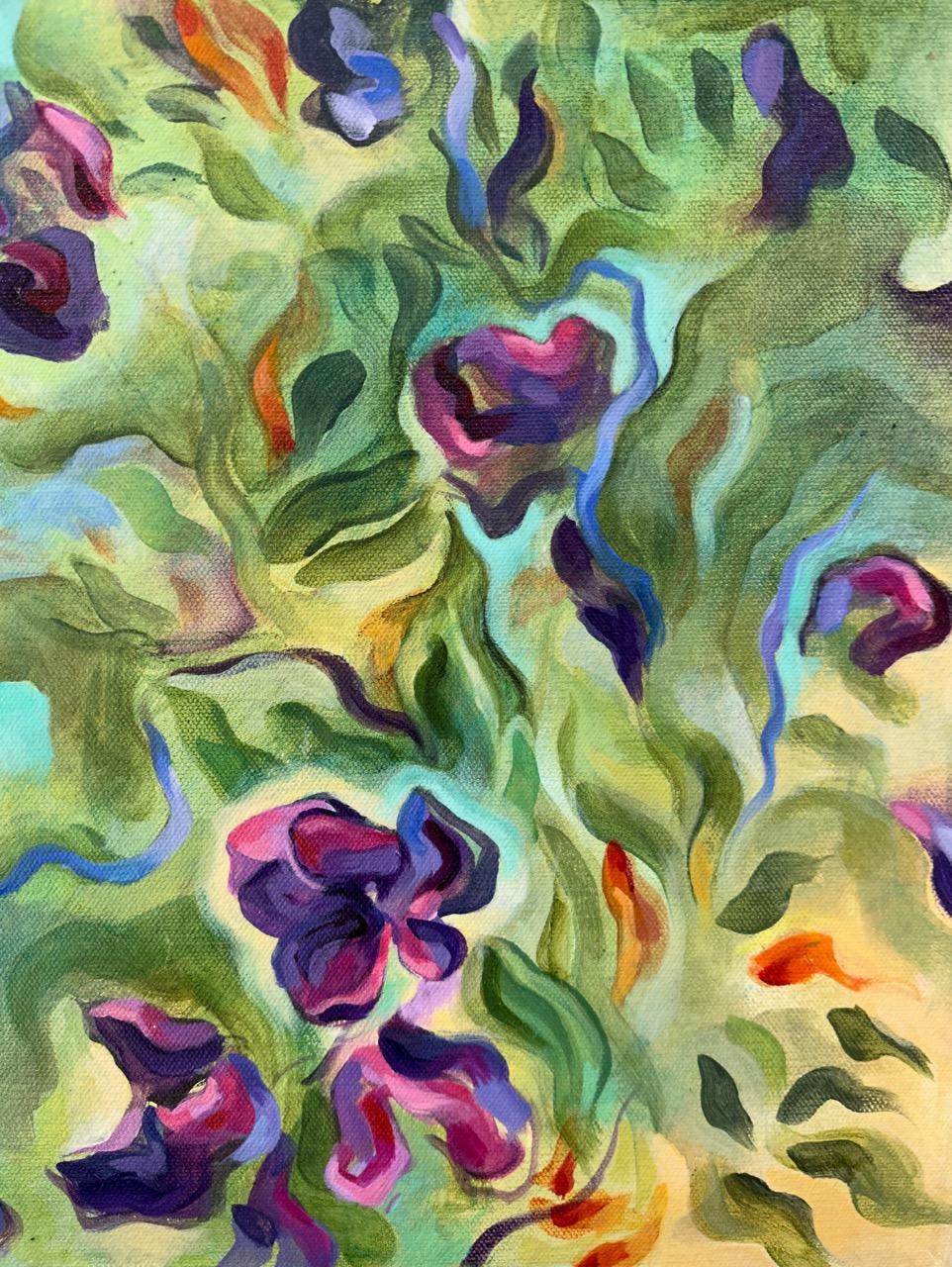 Linda Jacobson Abstract Painting – Flora, Violett/Grün