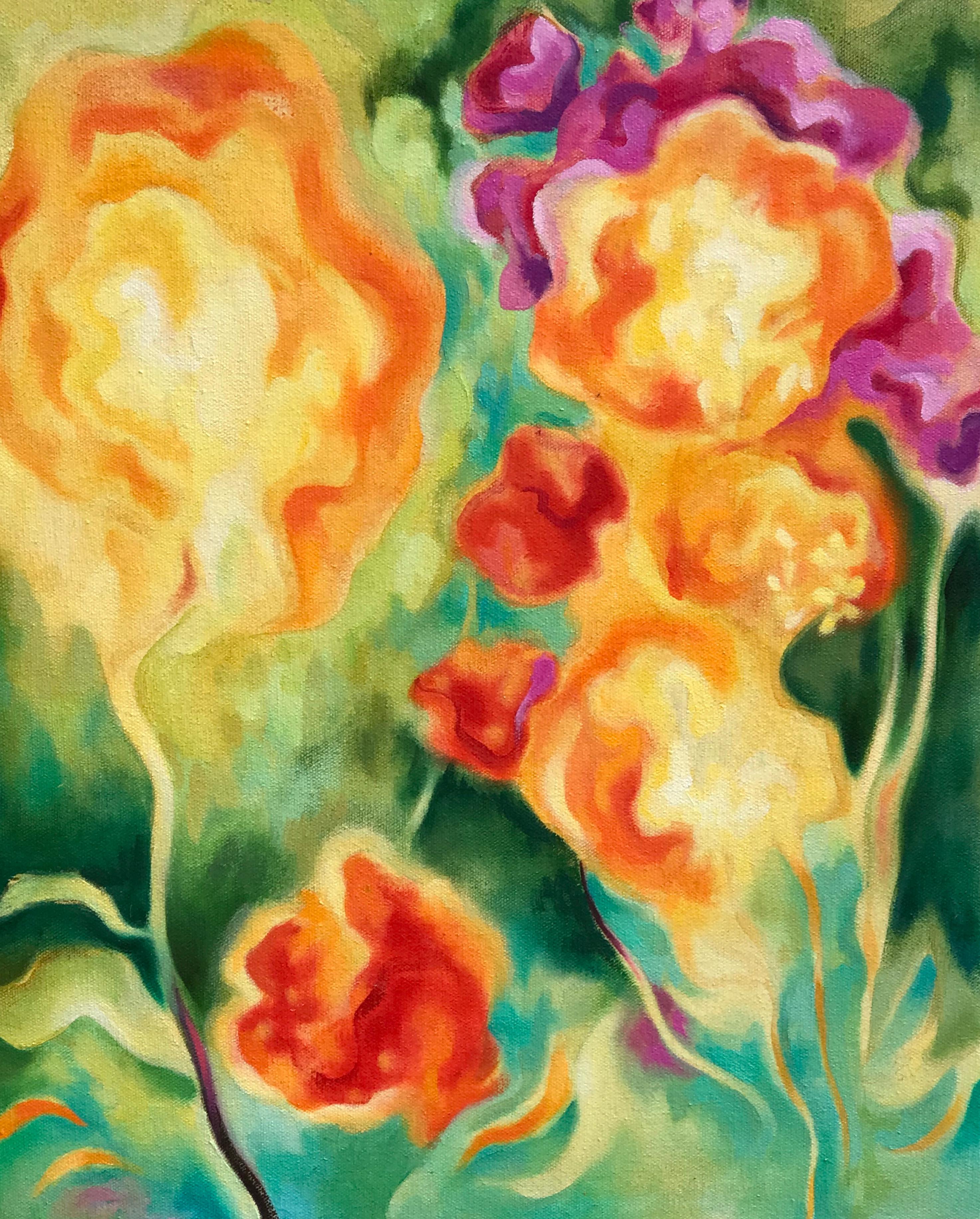 Linda Jacobson Abstract Painting - Golden Orchid Landscape flowers