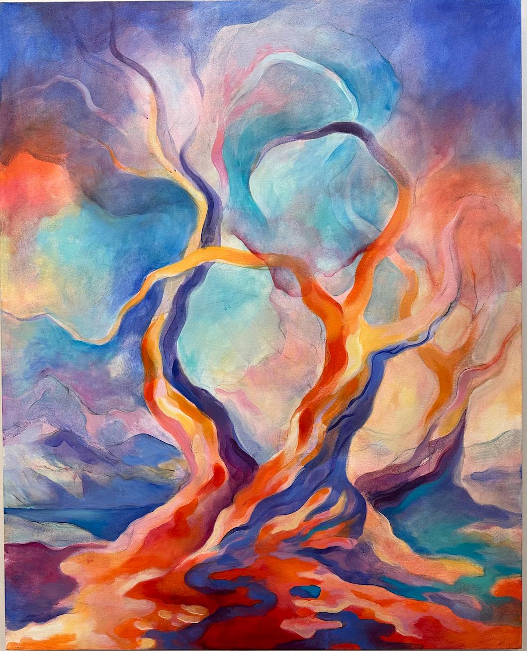 Linda Jacobson Landscape Painting - Orange and Blue Trees