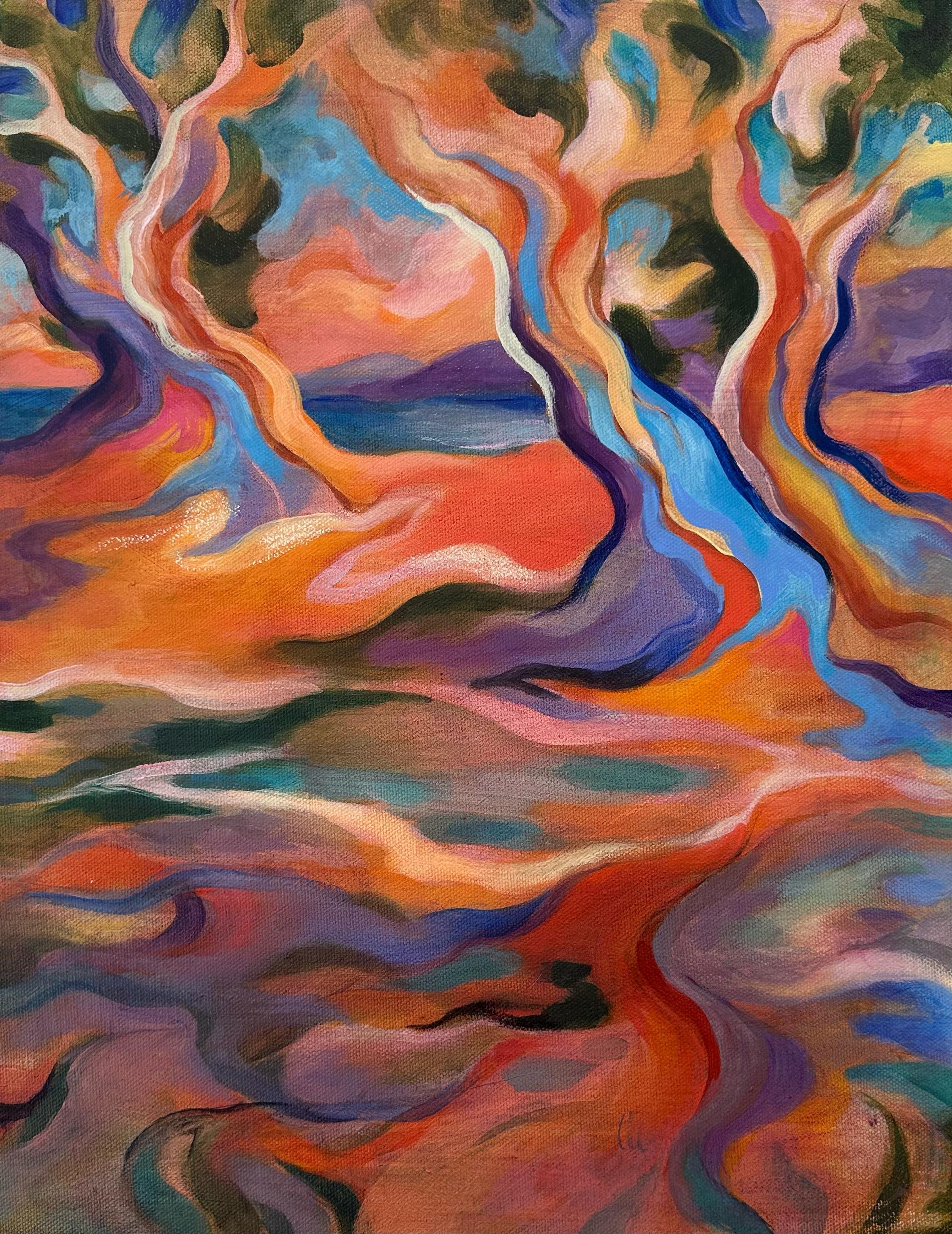 Linda Jacobson Landscape Painting - Palisades Series, Orange and Blue Trees