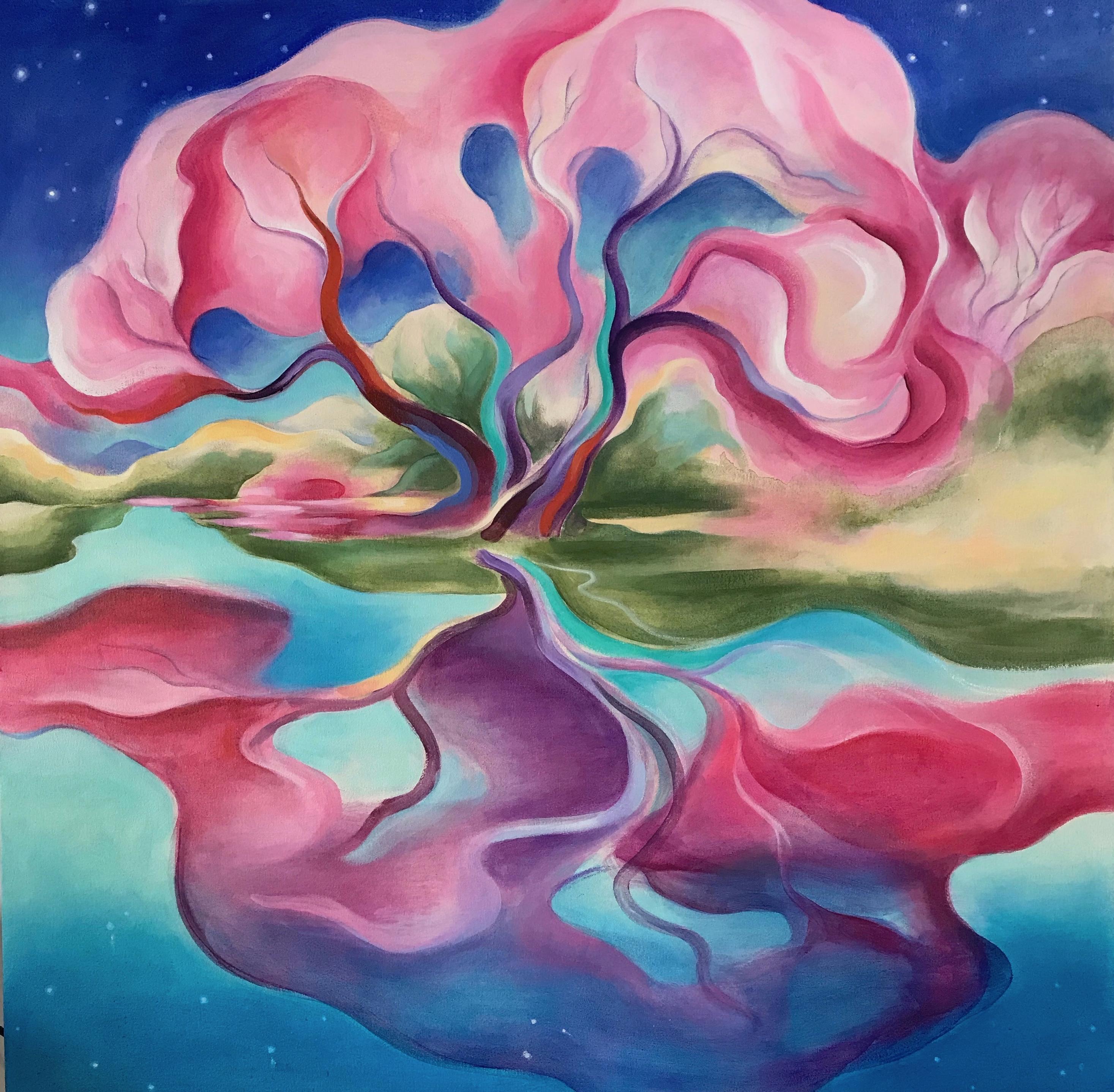 Abstract Painting de Linda Jacobson - Árbol rosa con estrellas #3  paisaje abstracto lírico naturaleza