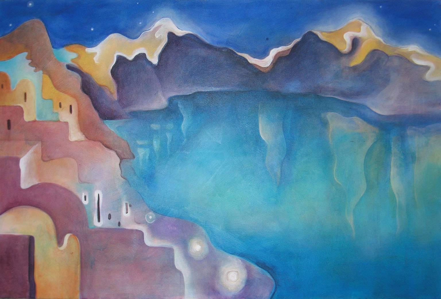 Linda Jacobson Landscape Painting - REFLECTIONS AT NIGHT, SANTORINI landscape abstract water