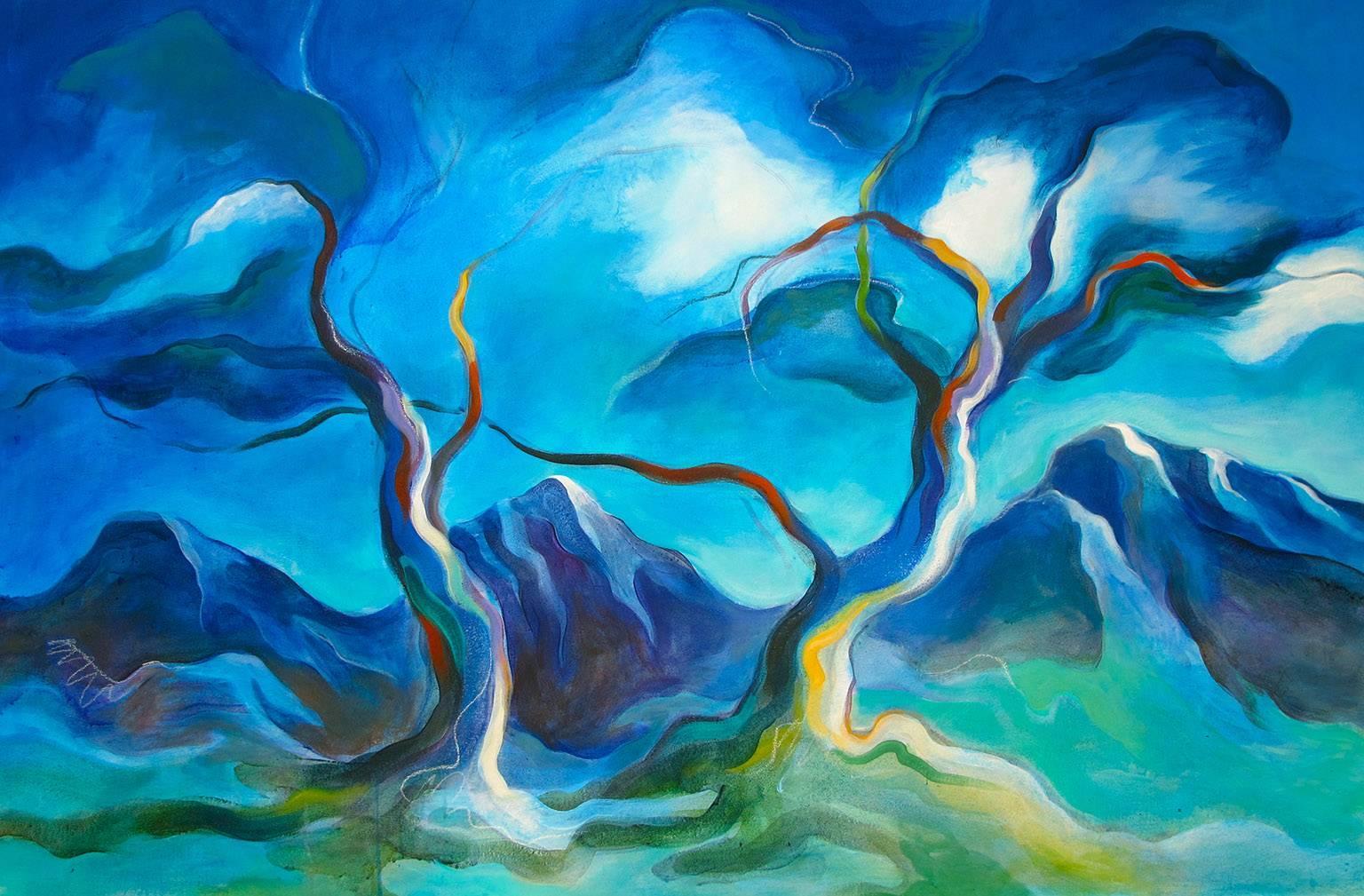TREE SERIES: BLUE TREES, NIGHT dramatric  abstract landscape trees - Painting by Linda Jacobson