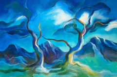 TREE- SERIES: BLAUE Blätter, NIGHT dramatischer Schliff  Abstrakte Landschaftsbäume