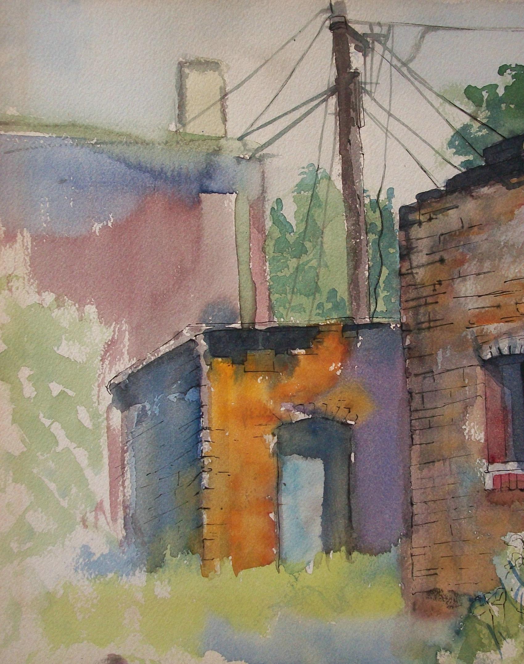 Canadese Linda Jenetti, 'St. George St. Garage', Acquerello su carta, Canada, 1975 circa. in vendita
