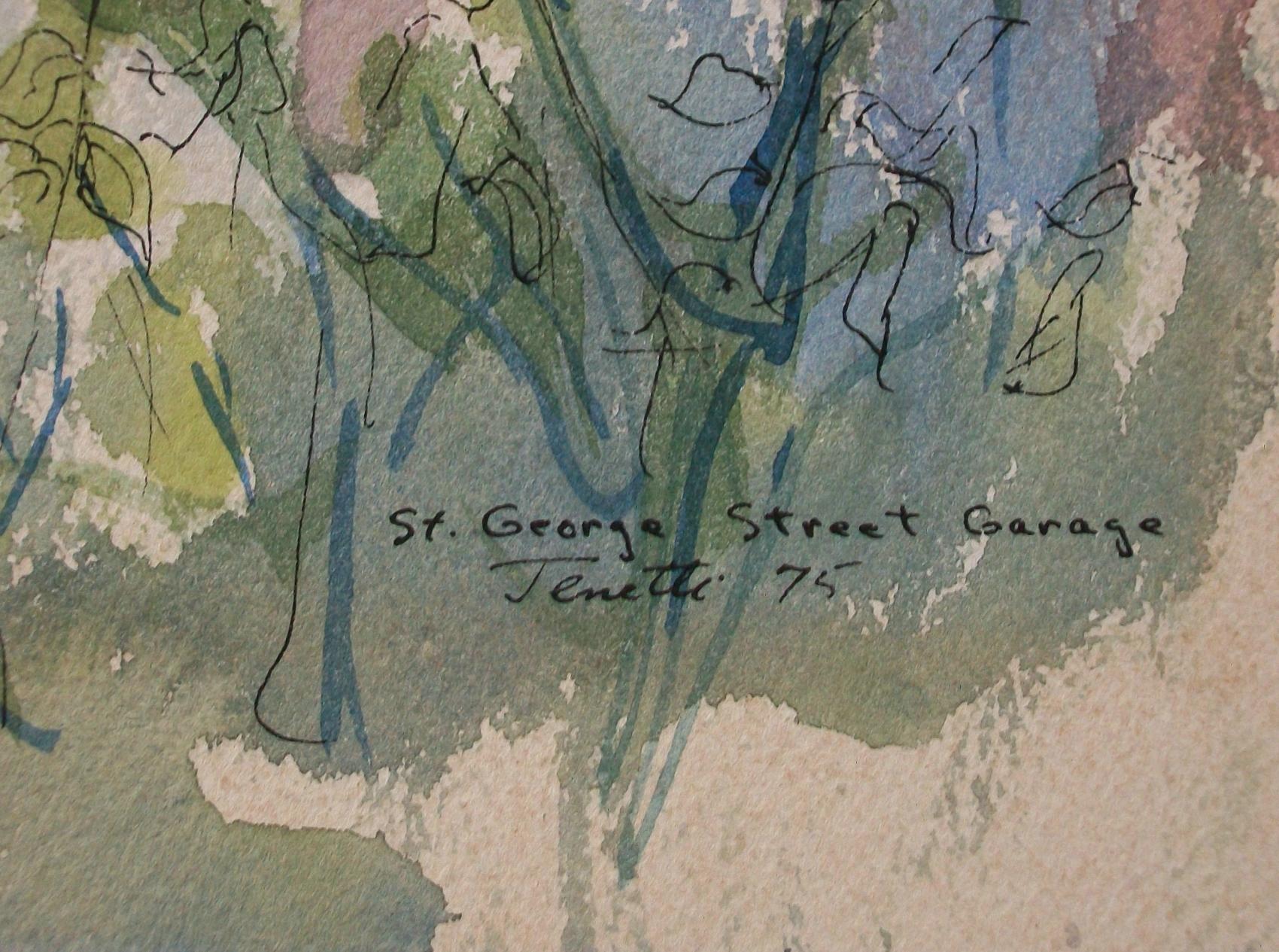 Hand-Painted Linda Jenetti, 'St. George St. Garage', Watercolor on Paper, Canada, C. 1975 For Sale