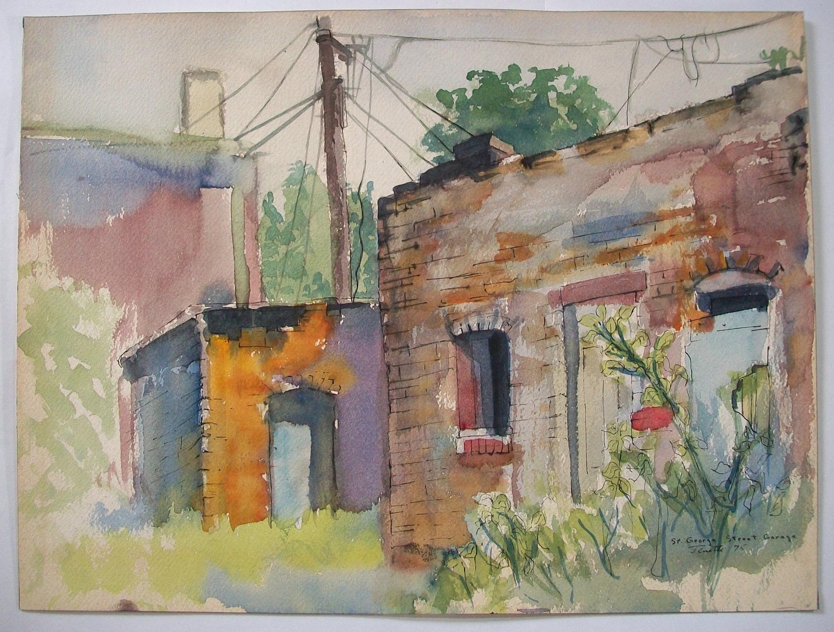 Linda Jenetti, 'St. George St. Garage', Acquerello su carta, Canada, 1975 circa. In condizioni buone in vendita a Chatham, ON