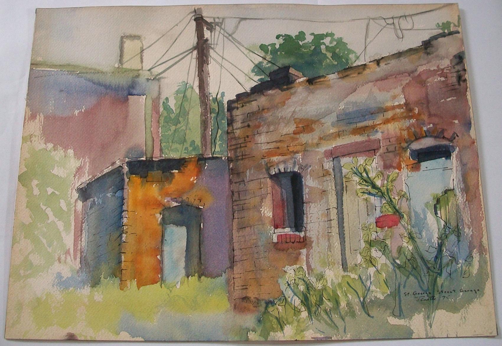 XX secolo Linda Jenetti, 'St. George St. Garage', Acquerello su carta, Canada, 1975 circa. in vendita