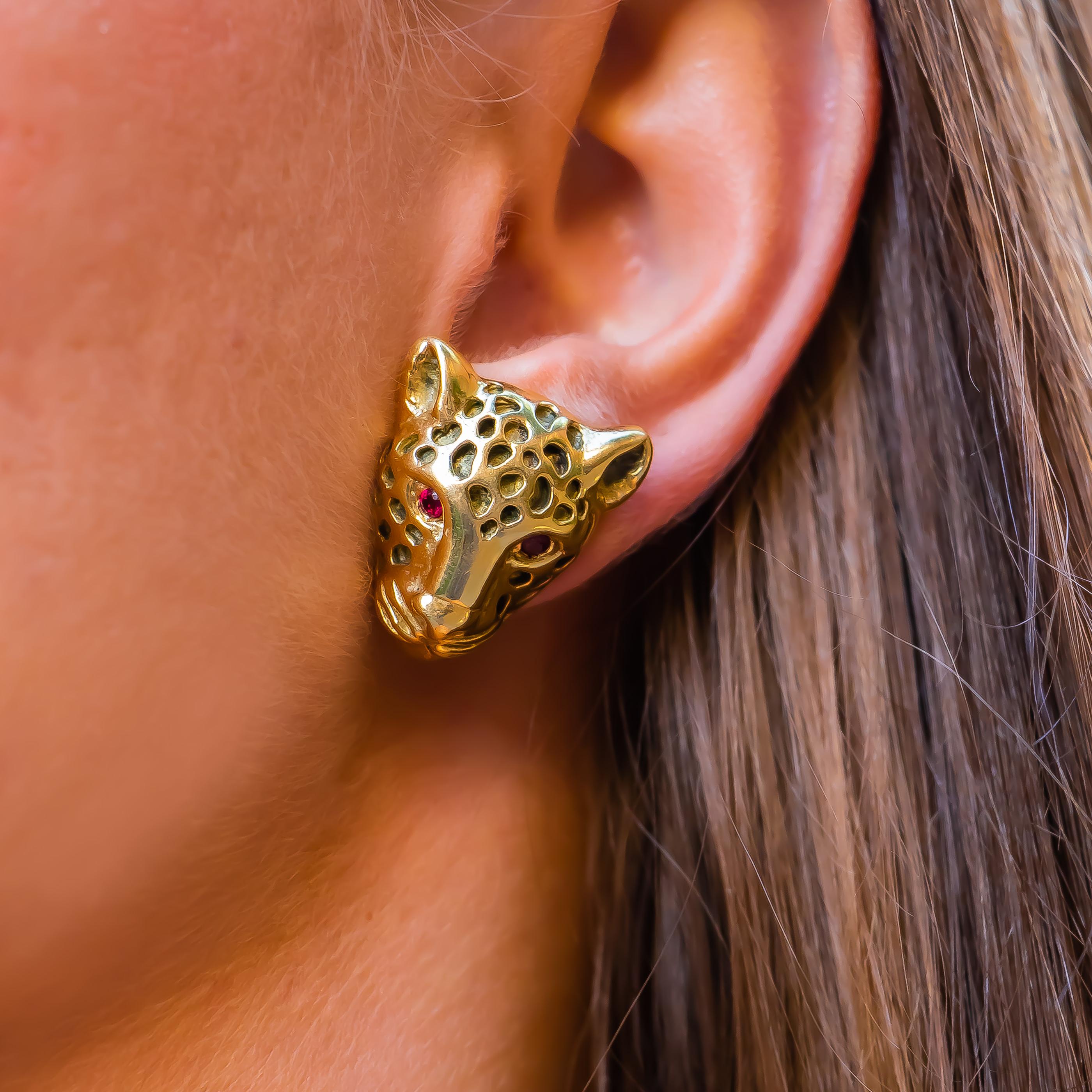 Linda Joslin 14 Karat Gold Earrings With 0.24 Carat Ruby Eyes In Good Condition In Carlsbad, CA