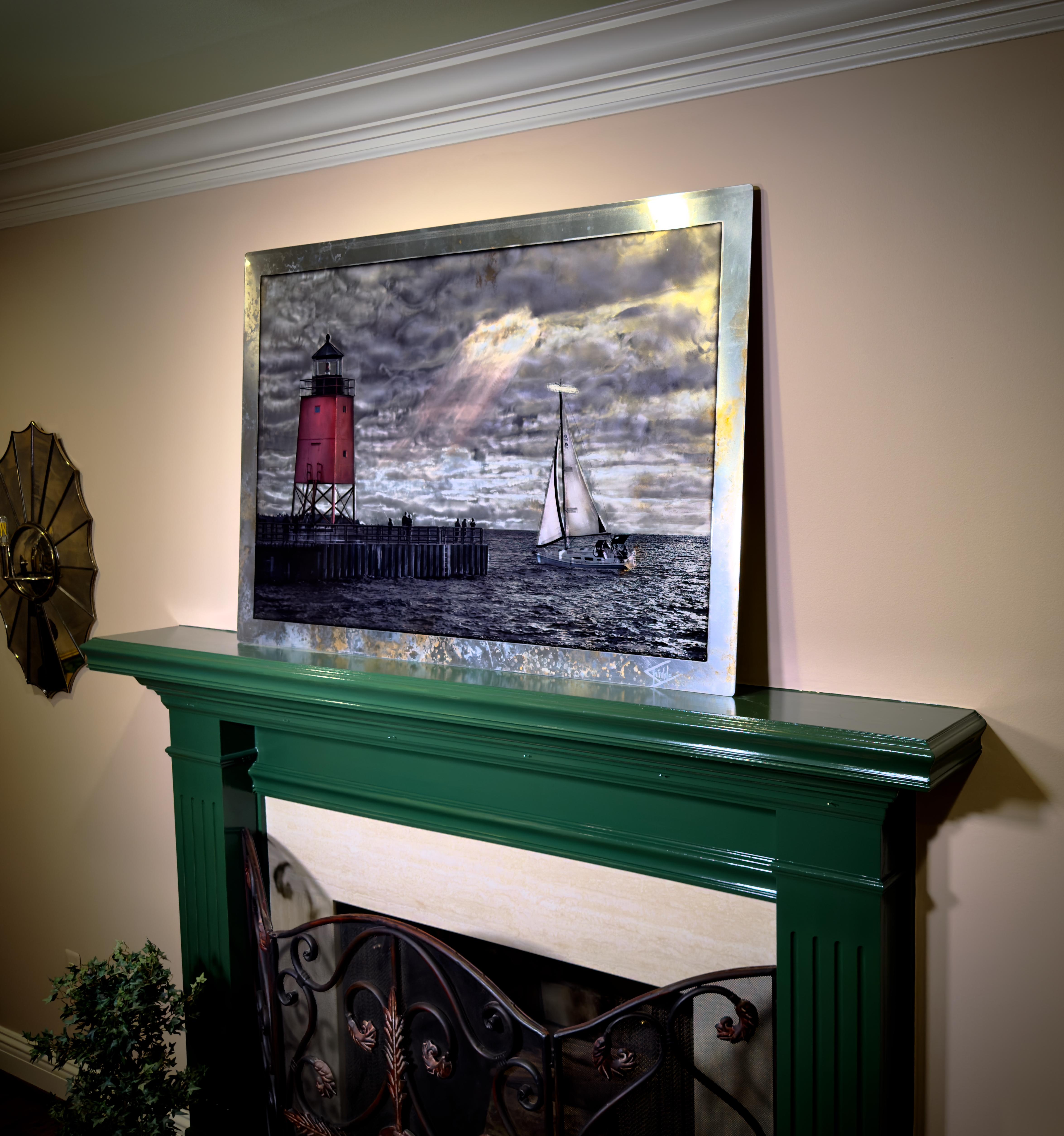 The precise moment the artists' painterly instincts had their desired composition, the photographic image at the end of the Charlevoix, MI  pier was made. This work is more photographic than many of the artists' other works, yet it's so much more