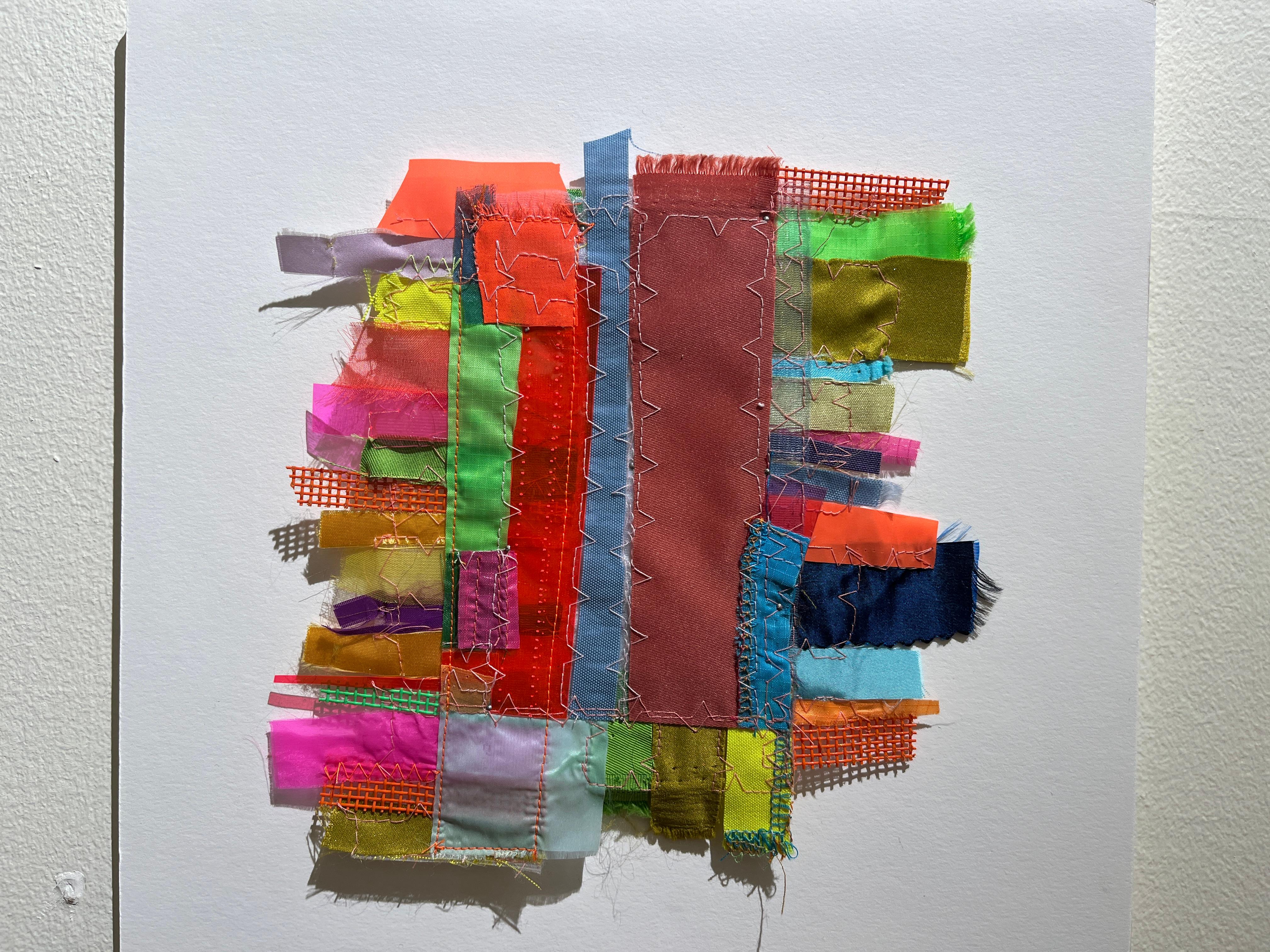 Pierce – Colorful Abstract Textile and Fabric Collage – 8 x 8 Image size - Mixed Media Art by Linda Kamille Schmidt