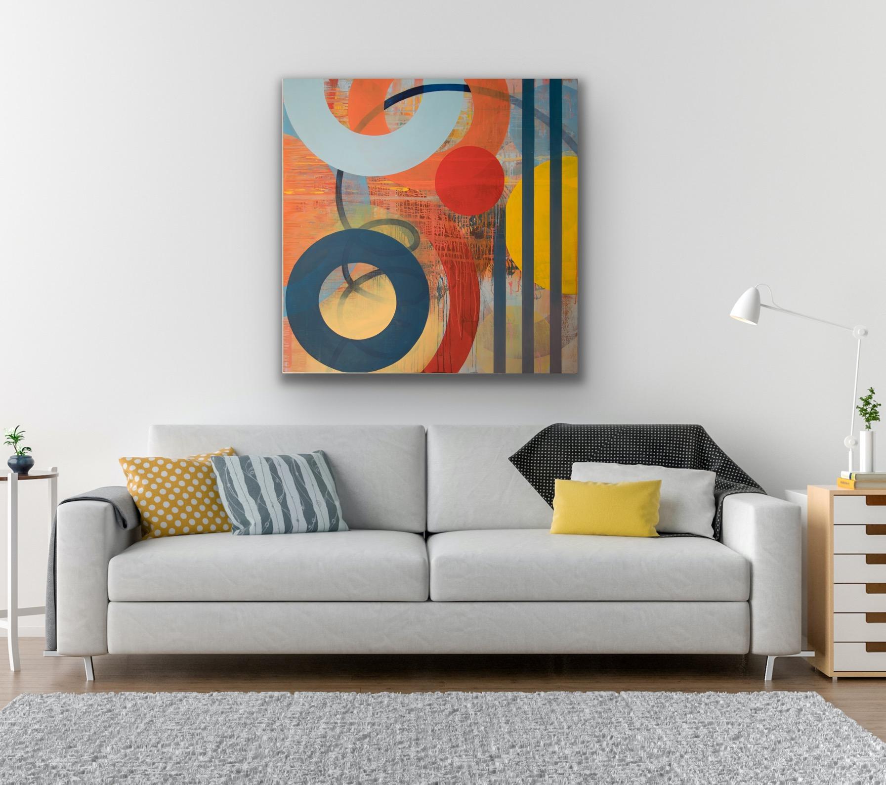 Square Contemporary Geometric Abstract in Orange and Blue - Float - Painting by Linda Kamille Schmidt