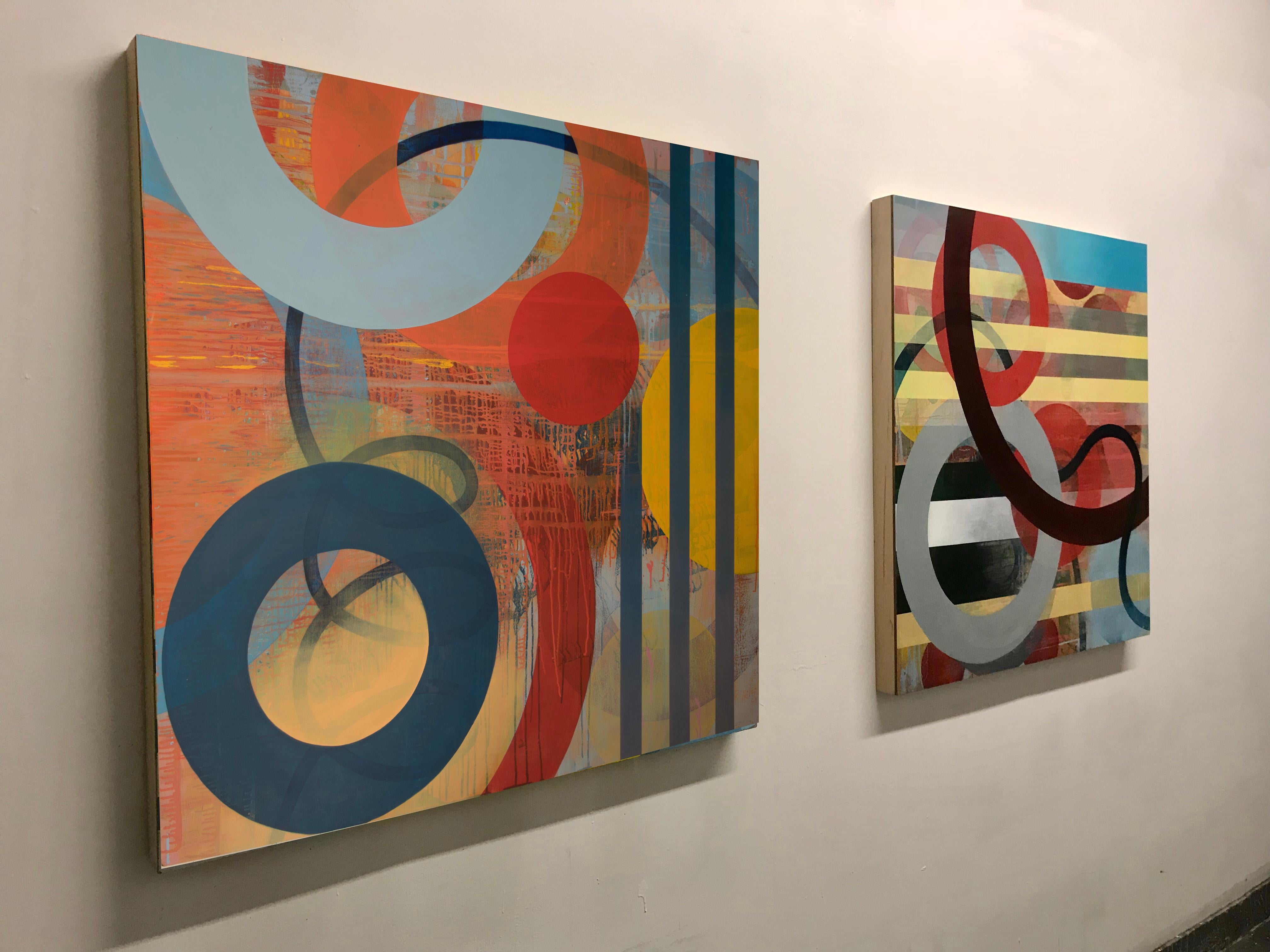 Linda Schmidt's beautiful colorful geometric abstraction paintings are full of subtle layers that give a sense of motion within the colors and forms and they shift from foreground to background and make the eye travel around the piece. Her
