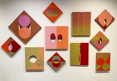 EQUIVALENCE 104- Acrylic and Tint on cut Linen- Green, Red Abstract Geometric