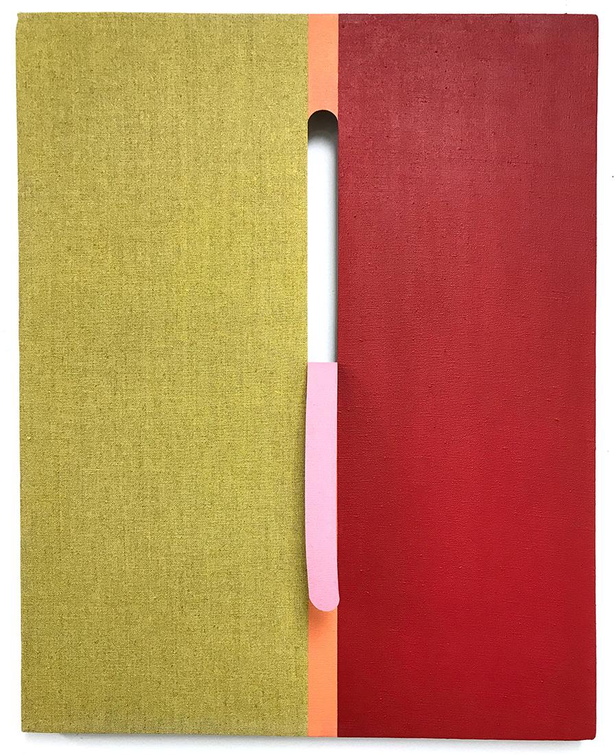 Abstract Painting de Linda King Ferguson - EQUIVALENCIA 104- Acrílico y Tinte sobre Lino cortado- Verde, Rojo Abstracto Geométrico