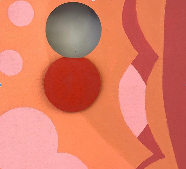 This painting by Linda King Ferguson is a geometric abstraction inspired by the female body. Circles, ellipses and scalloped edges decorate the canvas in Salmon orange, wine red, and pink. A circle is cut out of the upper right side of the painting,
