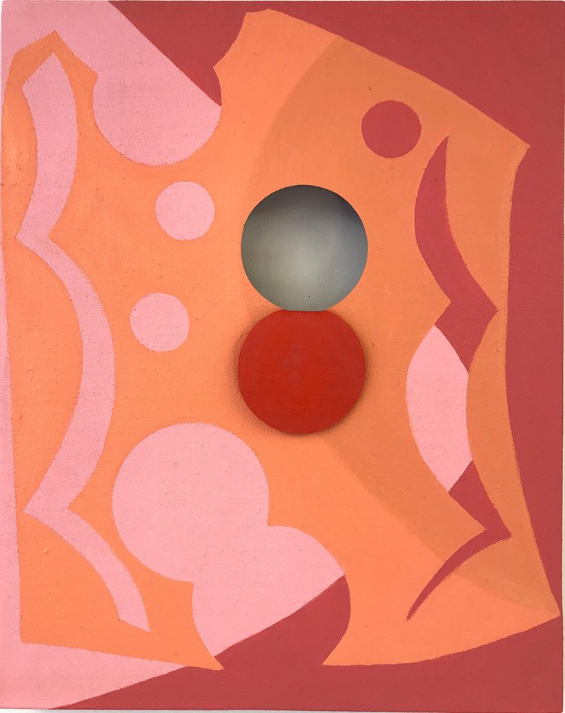 Linda King Ferguson Abstract Painting – EQUIVALENCE 80 Öl und Acryl auf geschliffenem Leinen - Orange, Rosa Abstraktes geometrisches Muster 