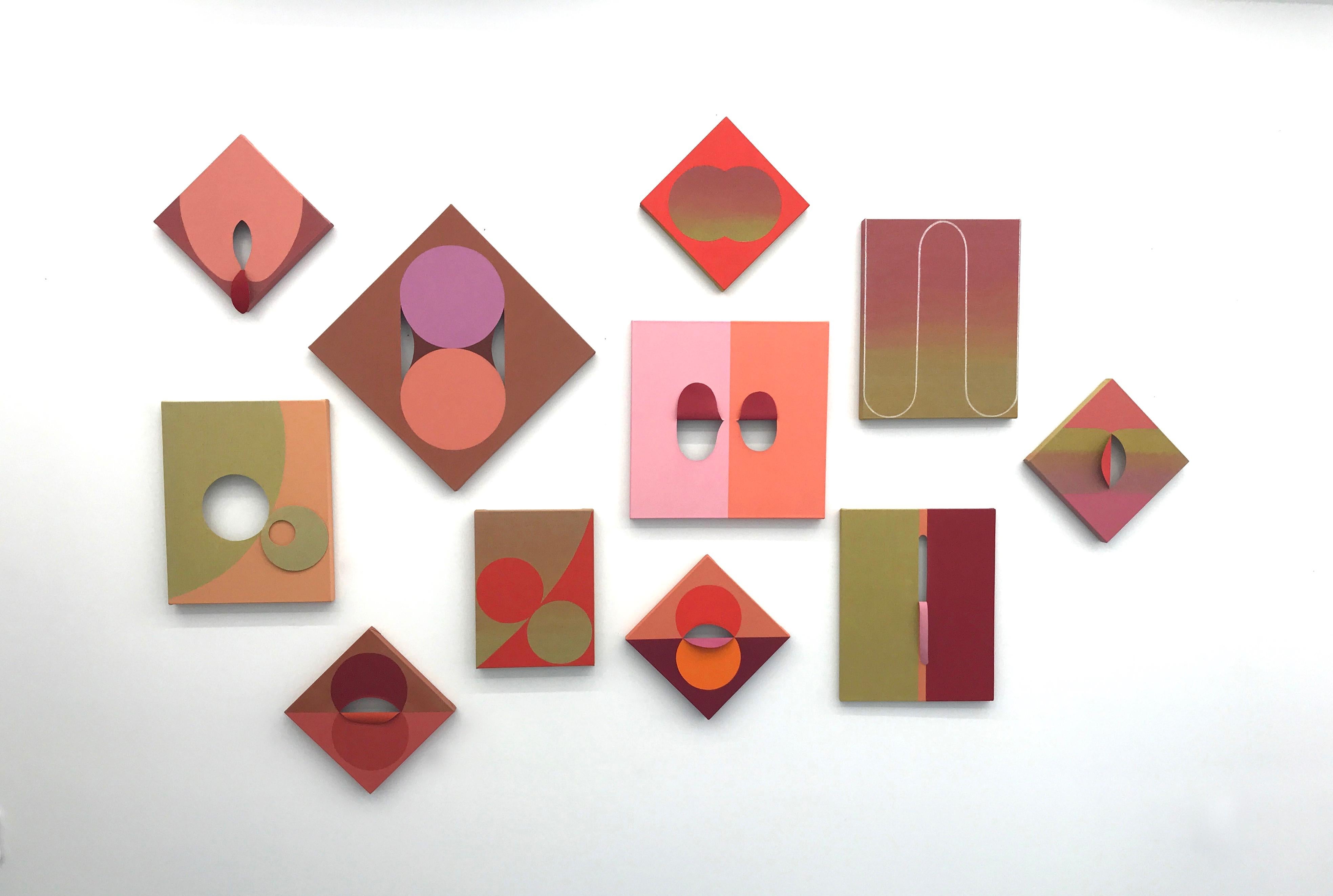 EQUIVALENCE 95 - Acryl auf Leinen - Lila, Orange Abstraktes geometrisches Gemälde  (Geometrische Abstraktion), Painting, von Linda King Ferguson